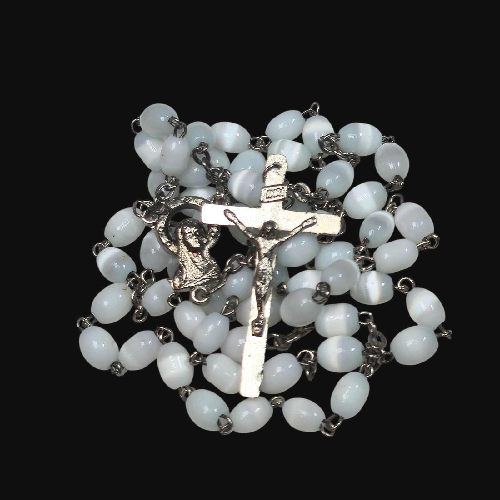 Vintage Italian White Cat Eye Glass Bead Rosary Catholic Prayer Crucifix Italy