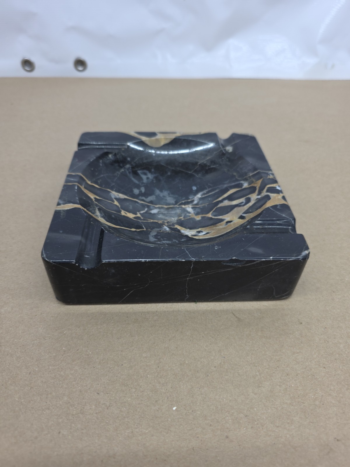 Vtg Black w/Brown /Ivory Vein Marble Ashtray MCM Square Art Deco Style 6X6 Inch
