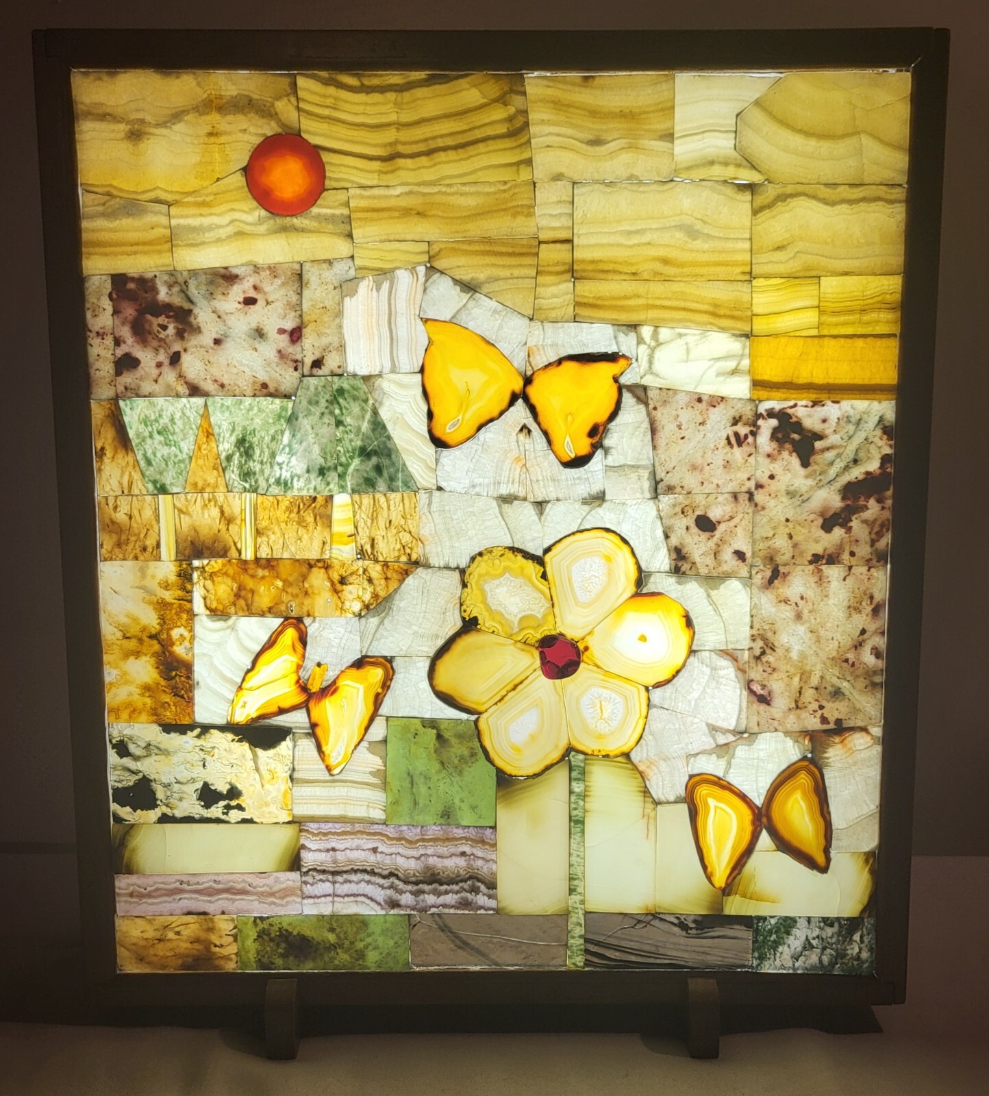 Vintage Mid Century Stained Glass Art Shadow Light Box Made Of Oak Wood 
