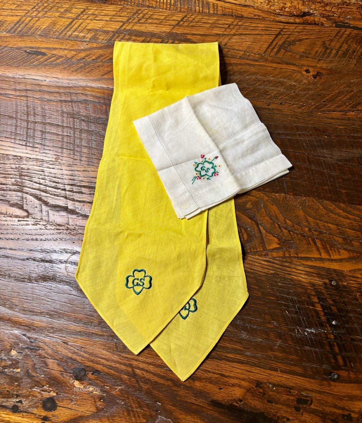 Vintage 1950’s Girl Scouts Embroidered Yellow Scarf & White Handkerchief