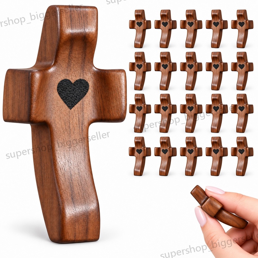 20pcs Walnut Wood Thumb Crosses Wooden Handheld Church Easter Christmas Decor