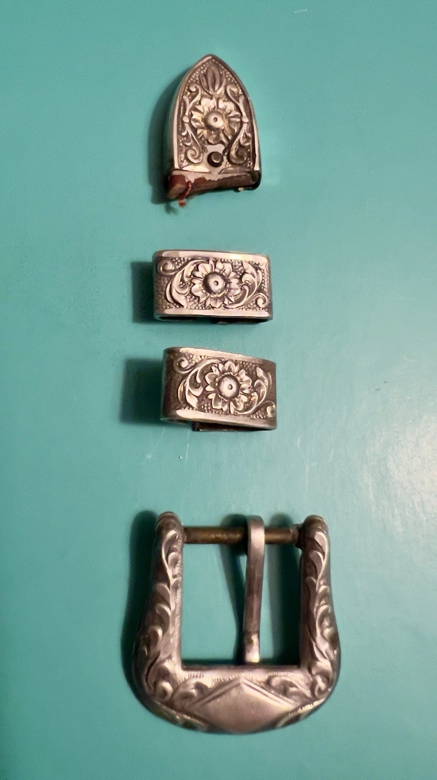 Vintage Sterling Silver 4-Pc Western Belt Buckle Set Floral Tooled Small Size