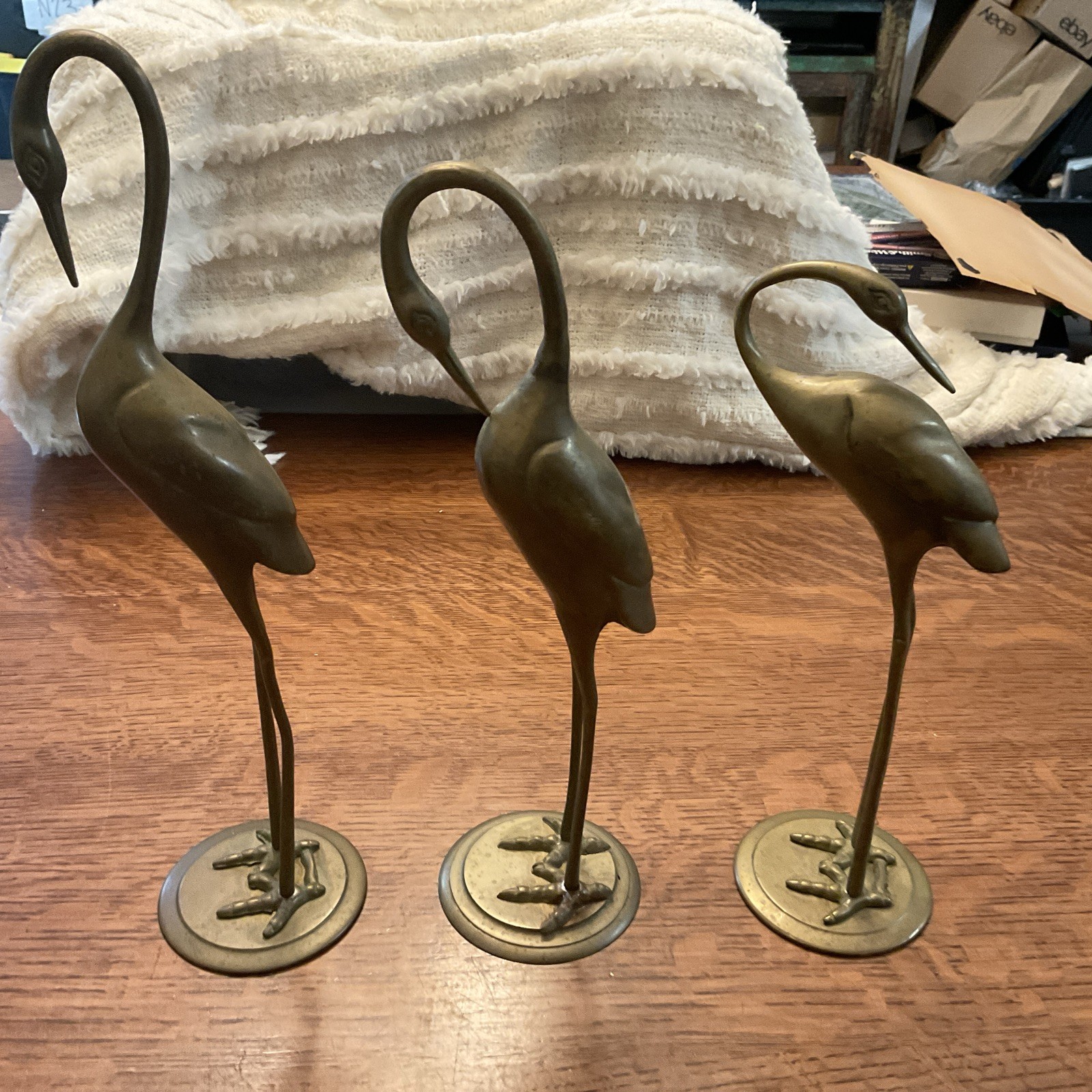 Vtg Mid Century Solid Brass Crane Egret Heron Bird Statues Sculptures Set of 3
