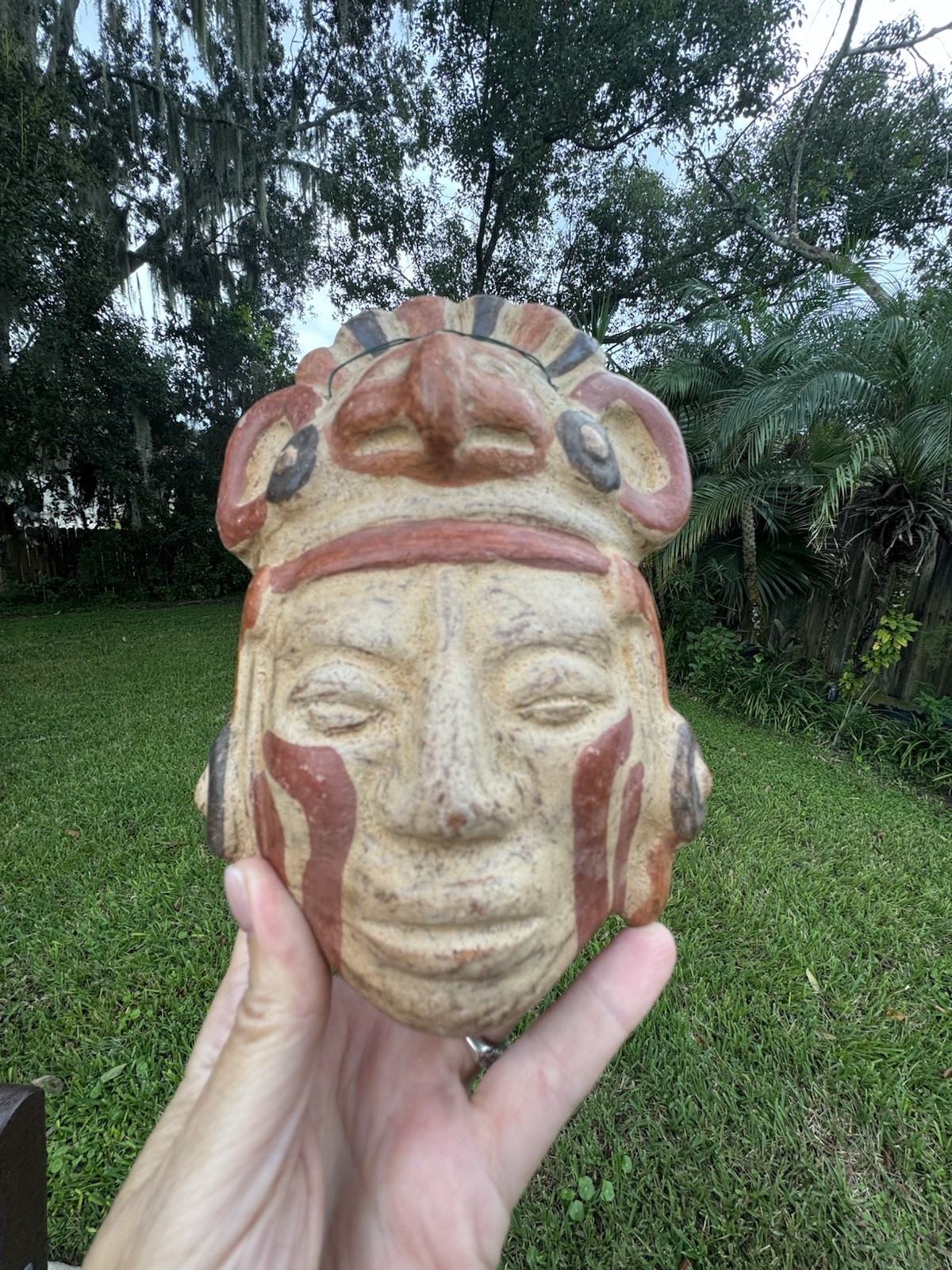 Vintage Aztec Clay Mayan Jaguar Priest Shaman Mask Folk Art Decor