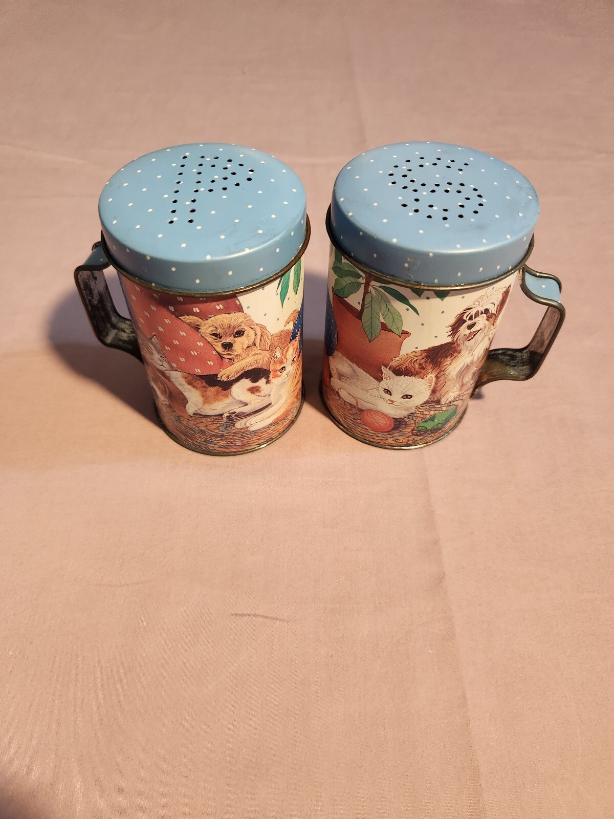 Vintage Blue Tin Salt and Pepper Shakers with Dog and Cat Illustrations
