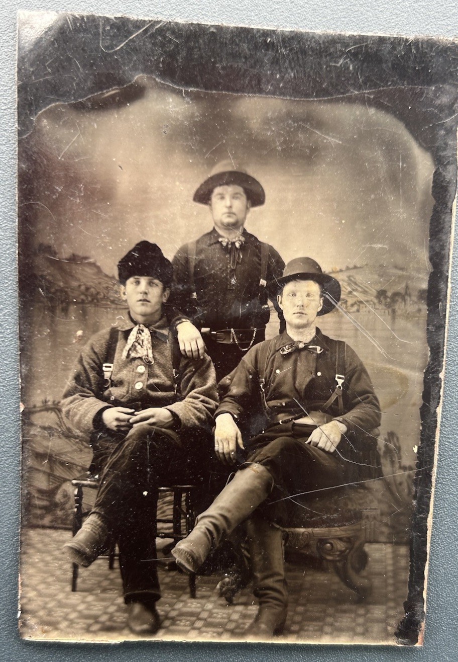 1870s Original Tintype Photo - Three Cowboys Western Frontier 1/6th Plate