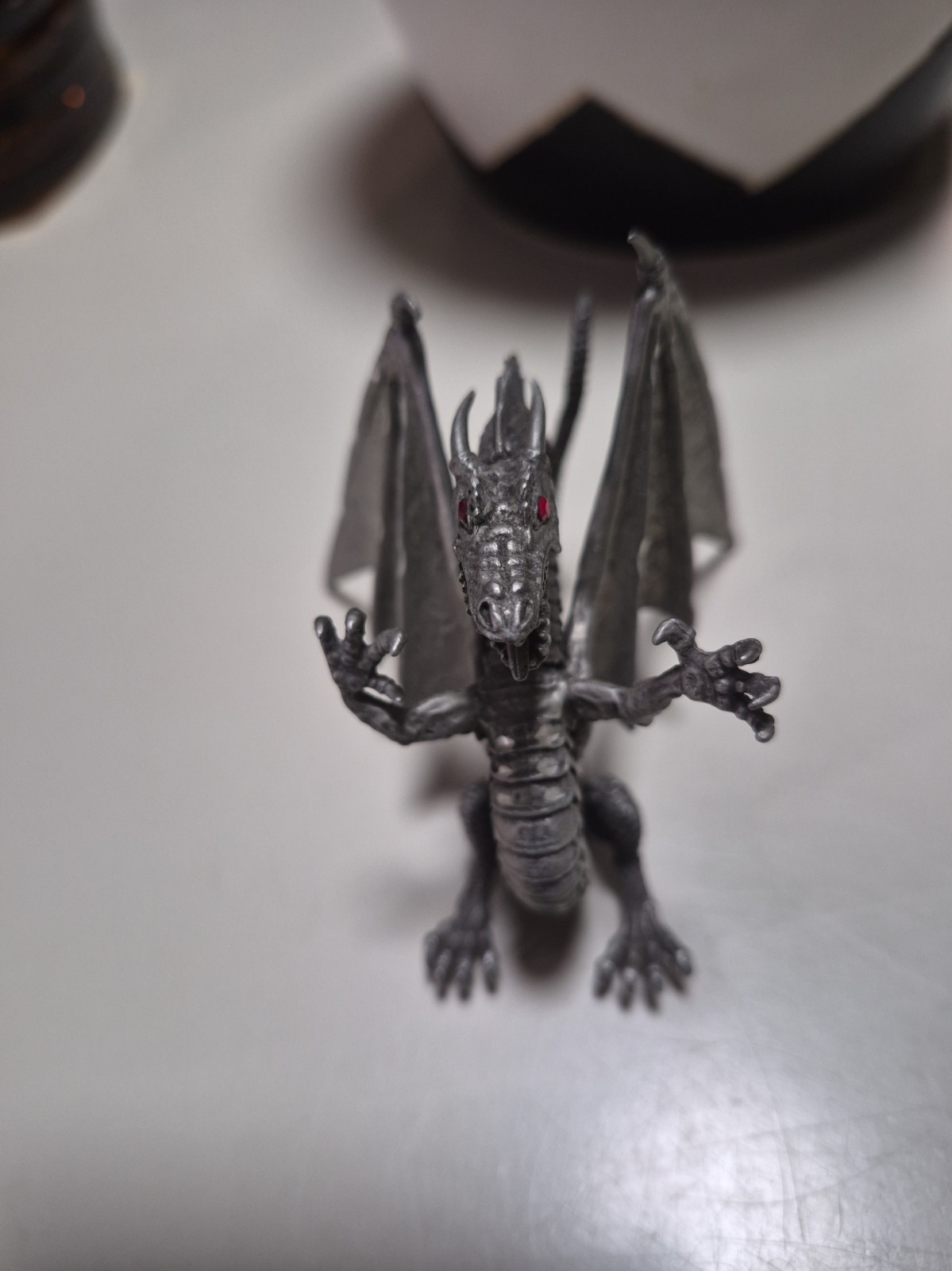 Vintage Solid Pewter Winged Dragon Figurine Red Rhinestone Eyes D&D Fantasy