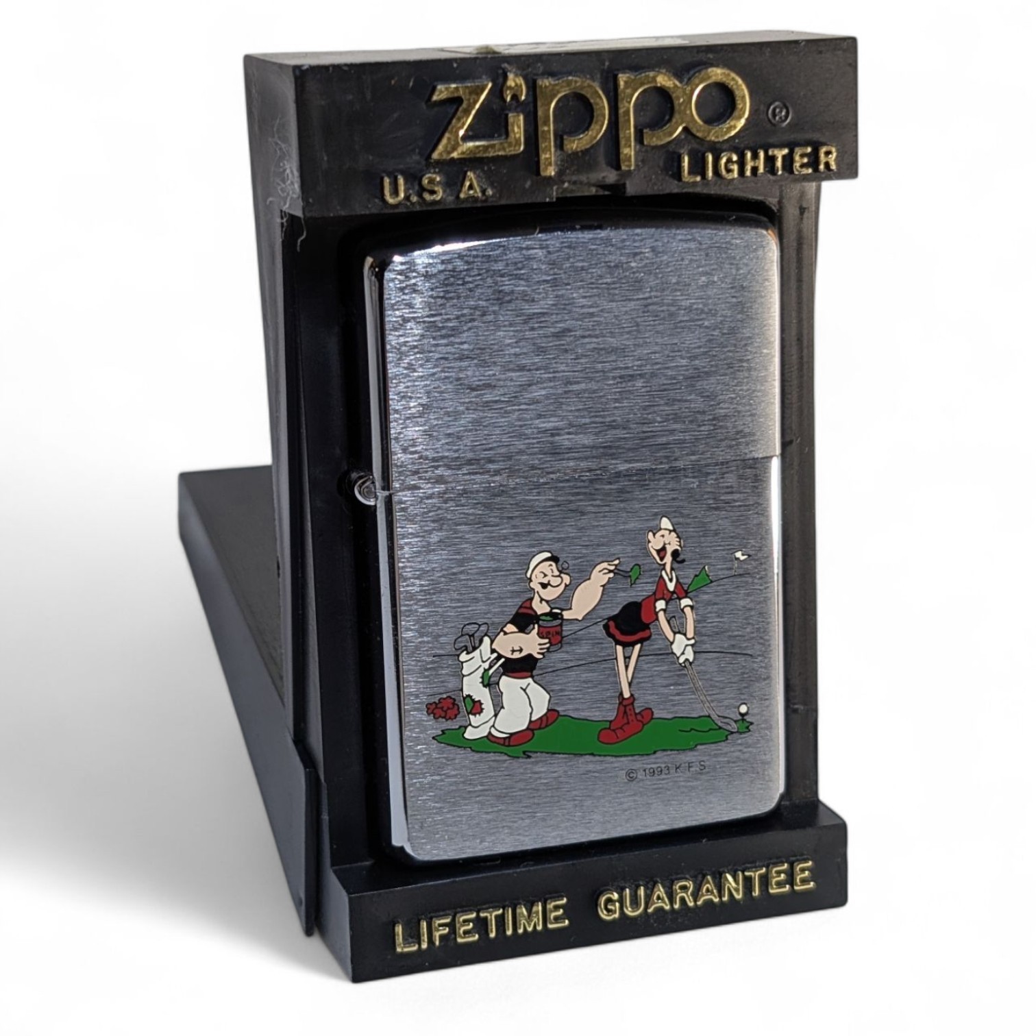 1994 Zippo Lighter Popeye & Olive Golfing Brushed  New & Unfired - Vintage