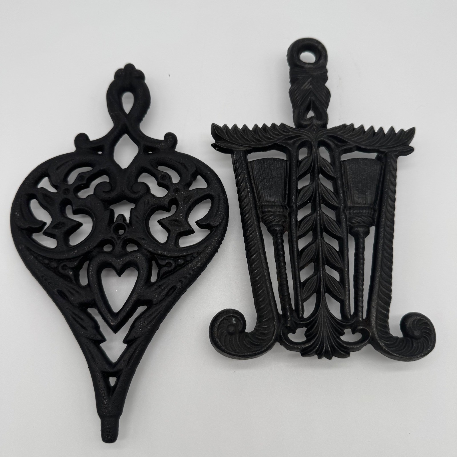 Vintage Wilton Cast Iron Trivets Lot of 2 Broom Wheat Heart Wall Decor