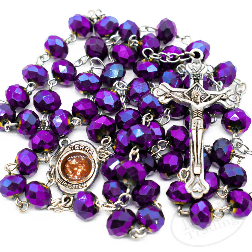 Deep Purple Crystal Beads Rosary Necklace Catholic Holy Center & Cross Crucifix