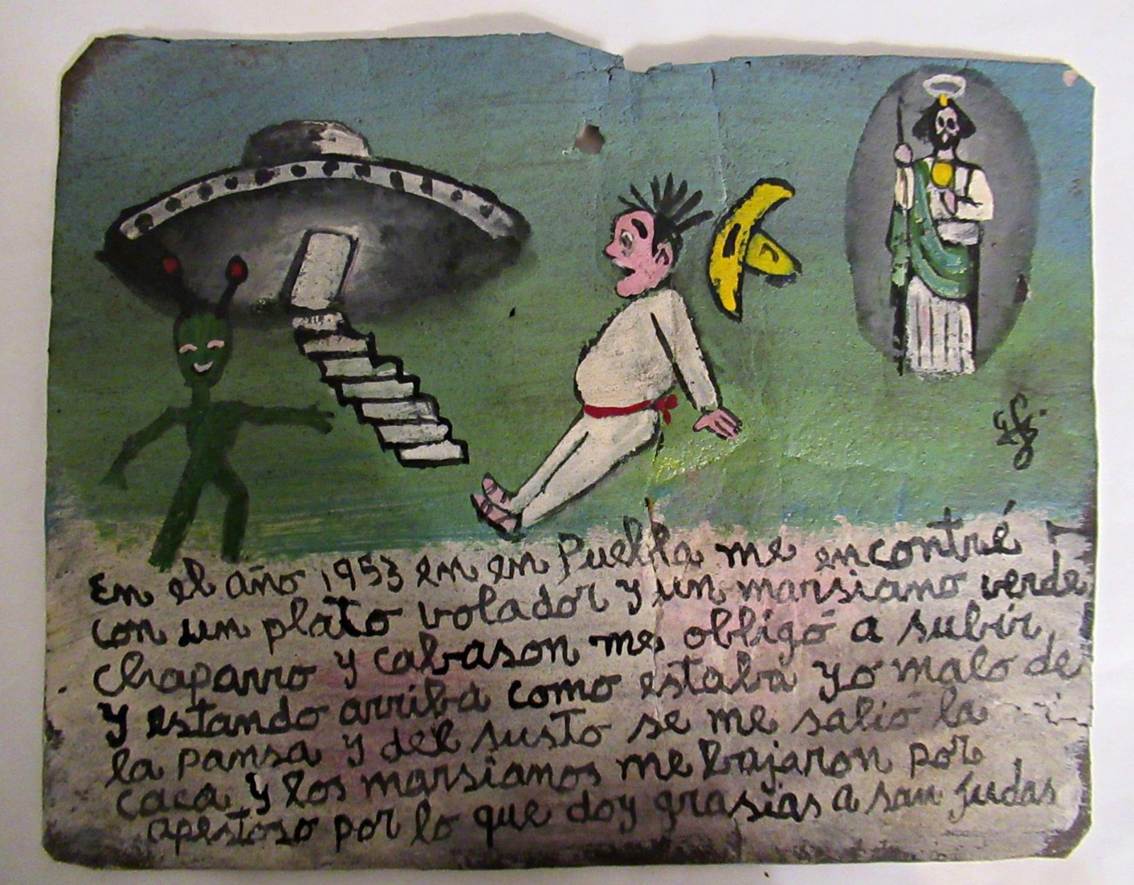 VTG 1953 HP MEXICAN TIN RETABLO SAN JUDAS SAVE MAN FROM FLYING SAUCER ALIENS