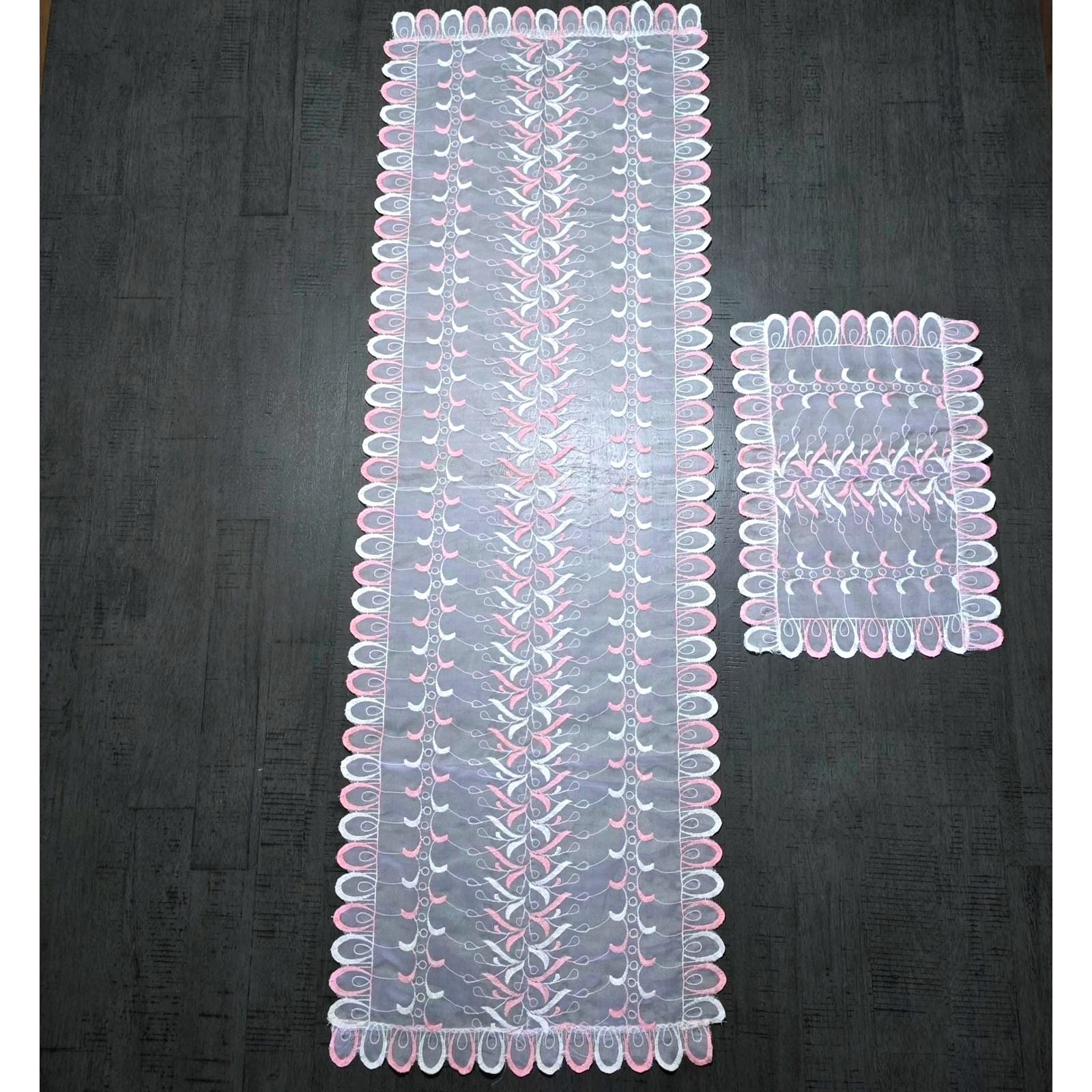 Vintage Pink White Sheer Lace Dresser Scarf Runner Doily Set 2pc 1960s