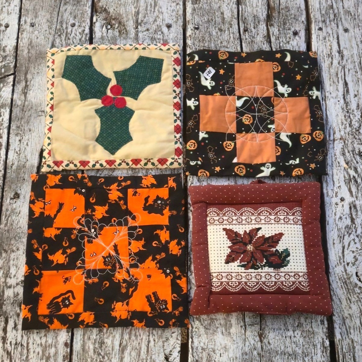Vintage Holiday Pot holders Christmas Halloween Quilted Trivets Handmade Kitchen