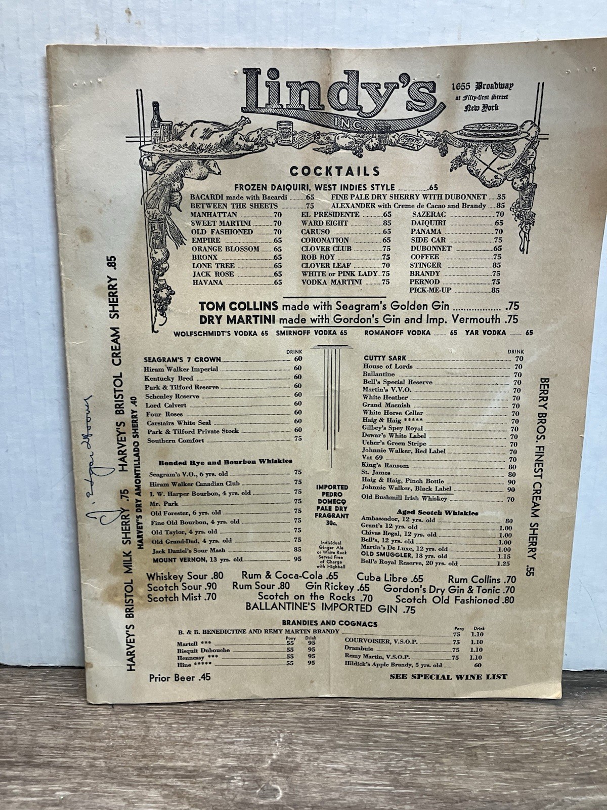 J Edgar Hoover Autographed Lindy’s New York  Menu USA FBI Director
