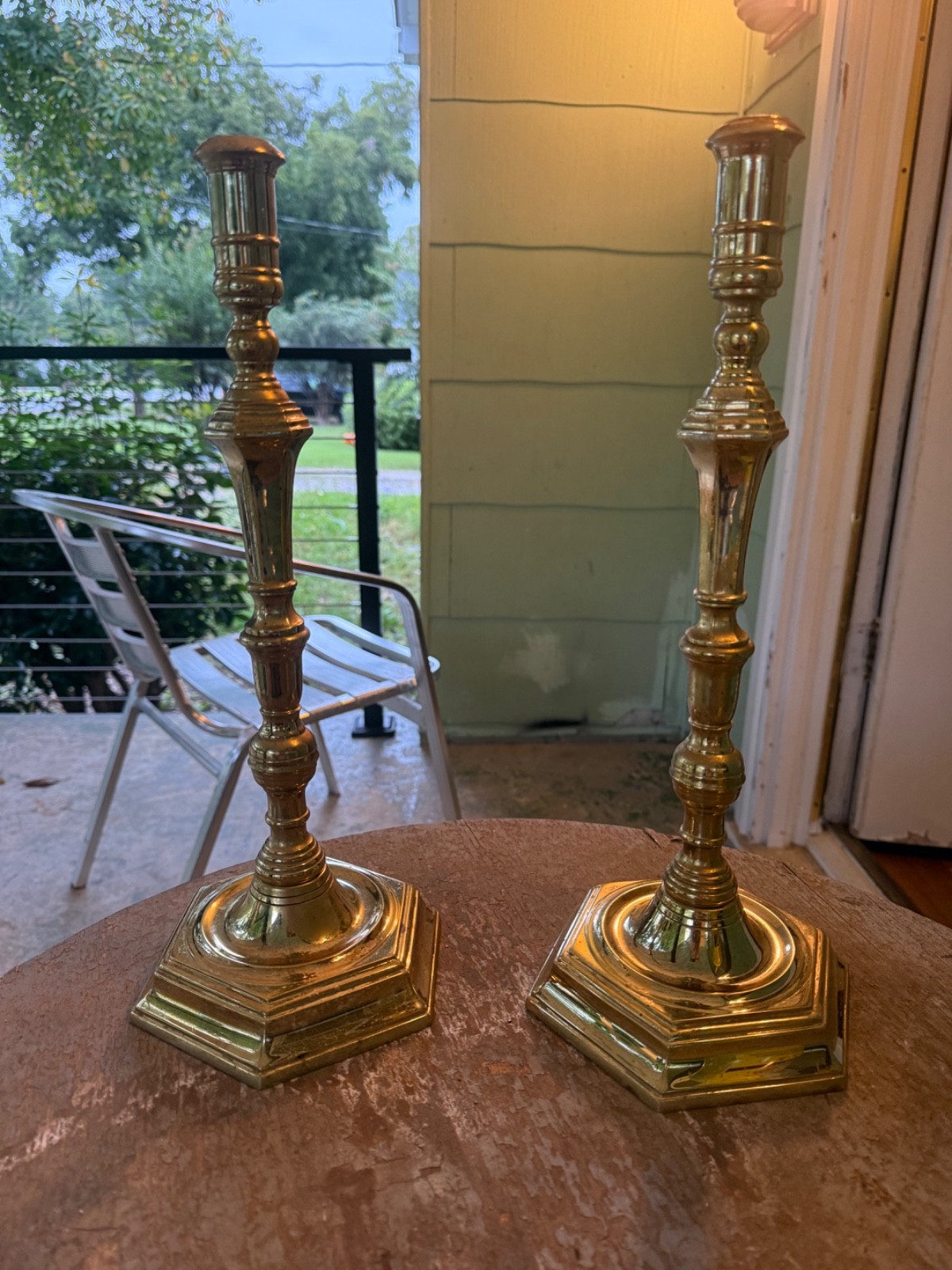 Large 16” Tall Brass Virginia Metal Crafters Candle Stick Pair Six Sided Base