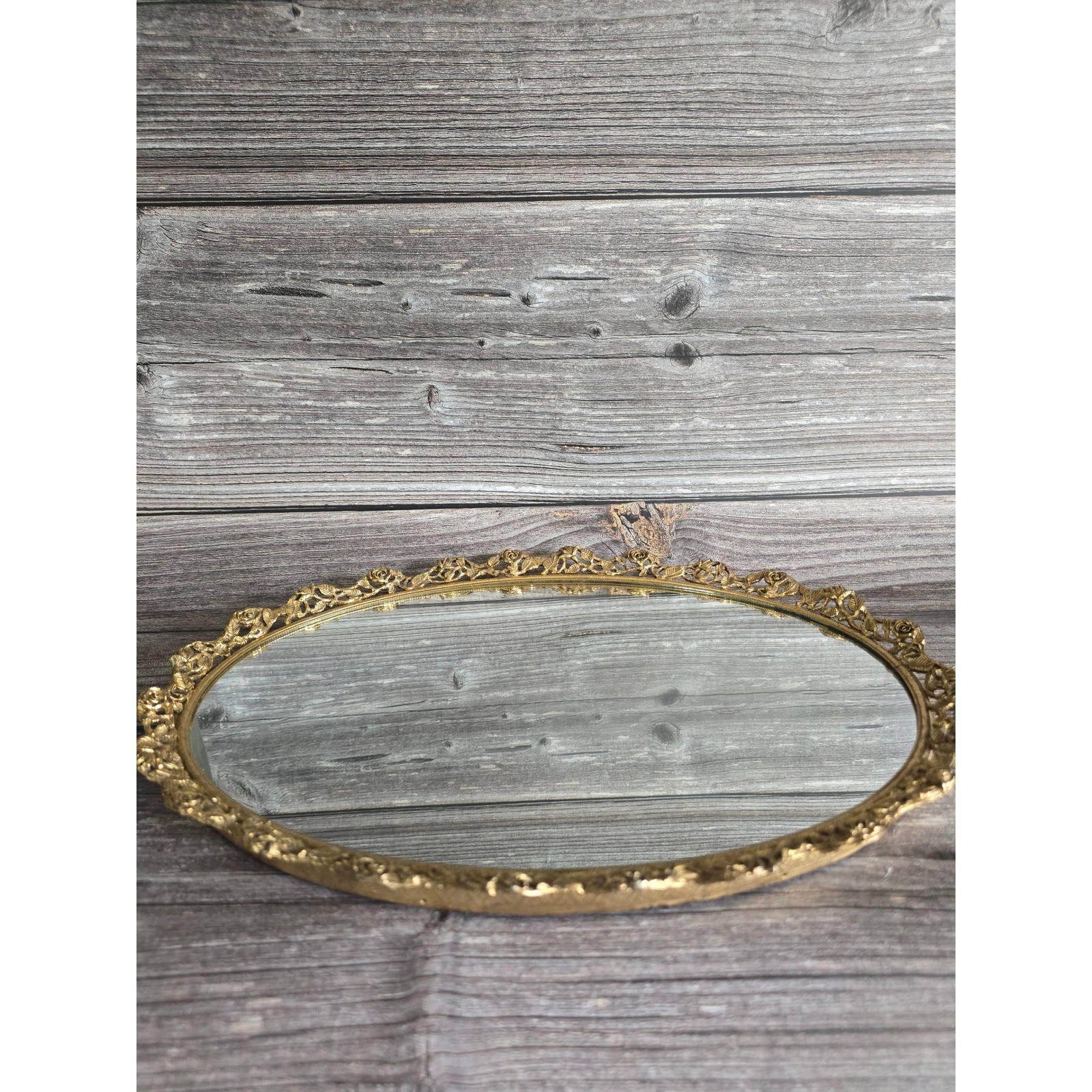Vintage Gold Filigree Mirrored Vanity Tray Oval Rose Floral Perfume Decor 14x10
