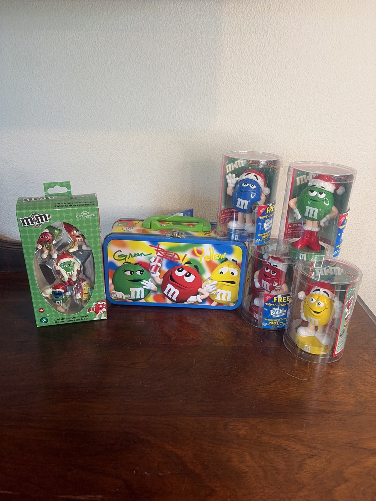 M&M Lot 4 Bobble Characters, Set Of 5 Kurt Adler Ornaments, & Tin Lunchbox