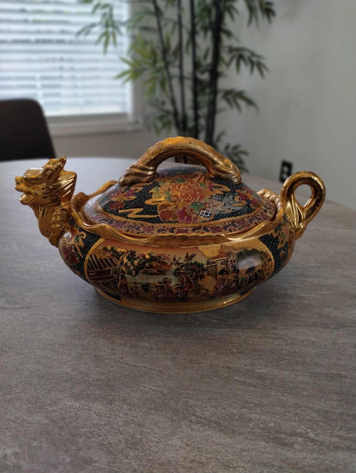 Vintage Satsuma Hand Painted Gold Gilded Bowl With Lid