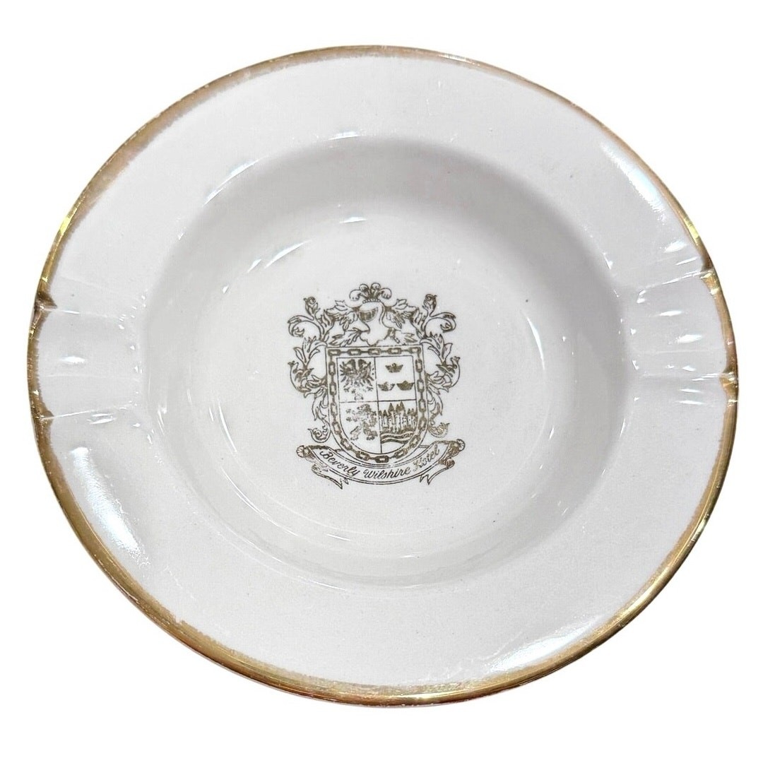 Vintage Beverly Wilshire Hotel Ashtray Gold Crest Rim White Ceramic 5” Hollywood