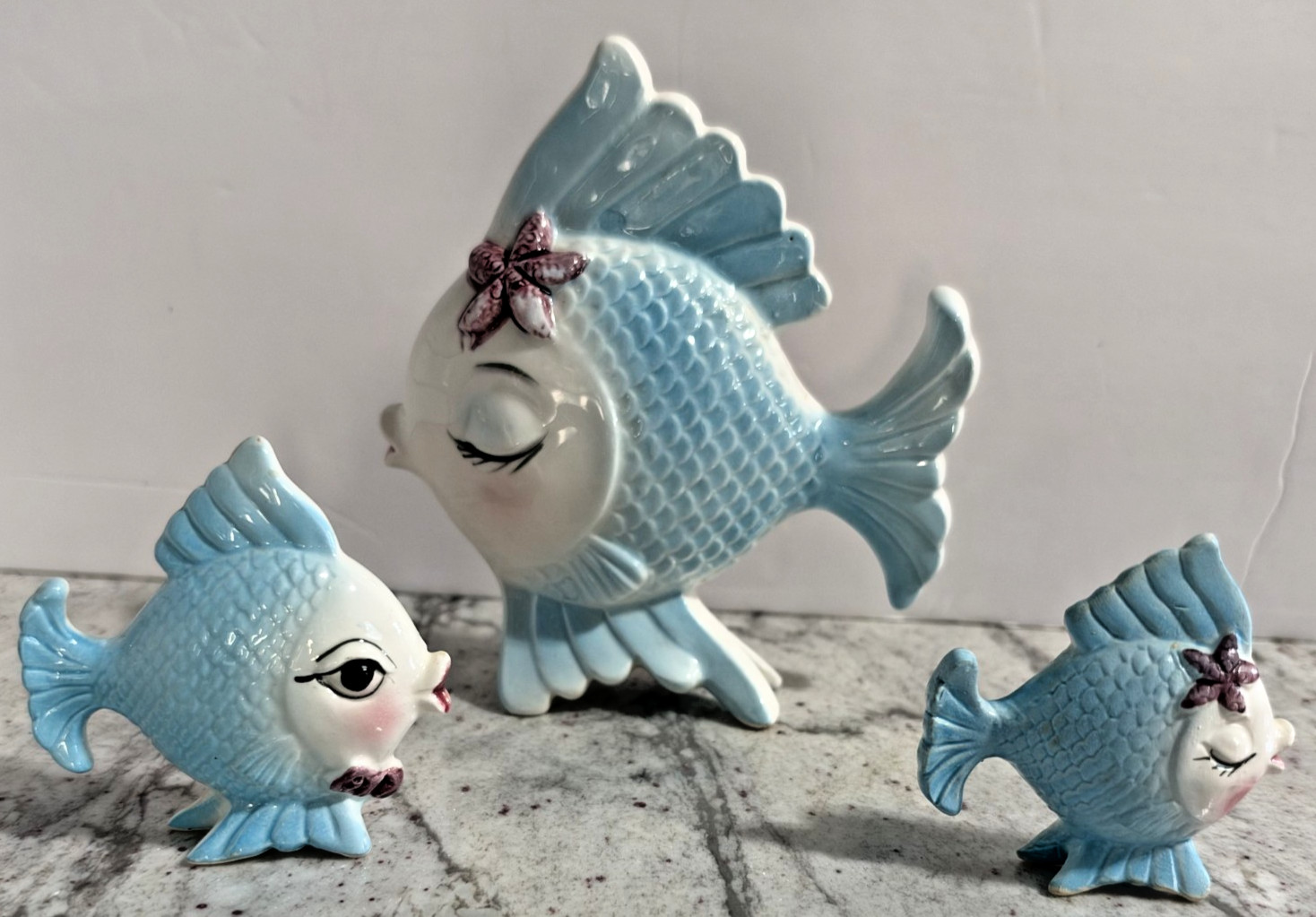 Bradley Exclusives Anthropomorphic 3 Piece Blue Fish Plaques Free Standing Vtg