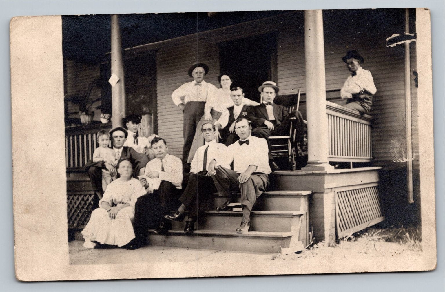 Vintage RPPC Large Family Group Portrait Porch Real Photo Postcard c. 1910s