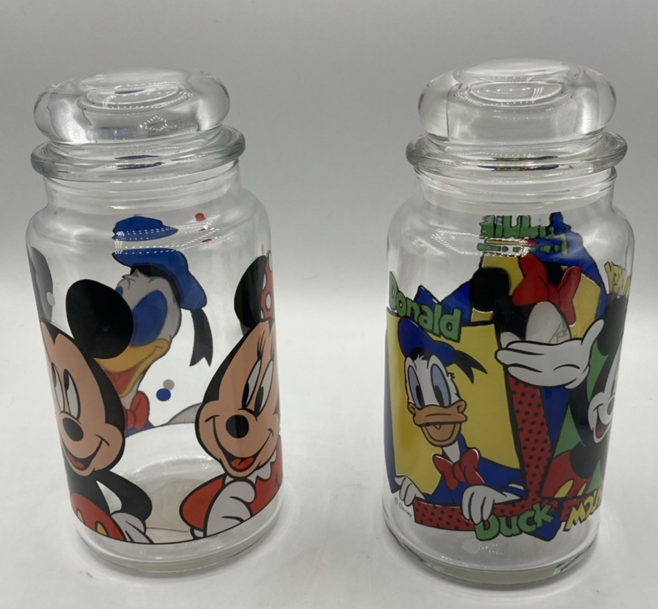 2 VTG Disney Mickey Minnie Mouse Donald Duck Anchor Hocking Glass Canister Jars
