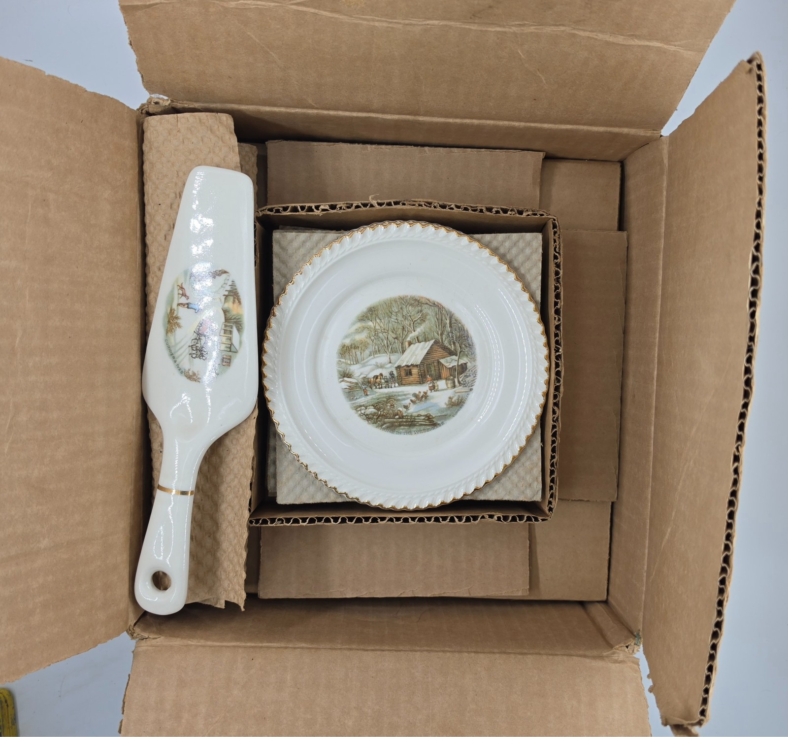 Vintage Harkerware Currier and Ives Dessert Set New Old Stock Plates Server Box 