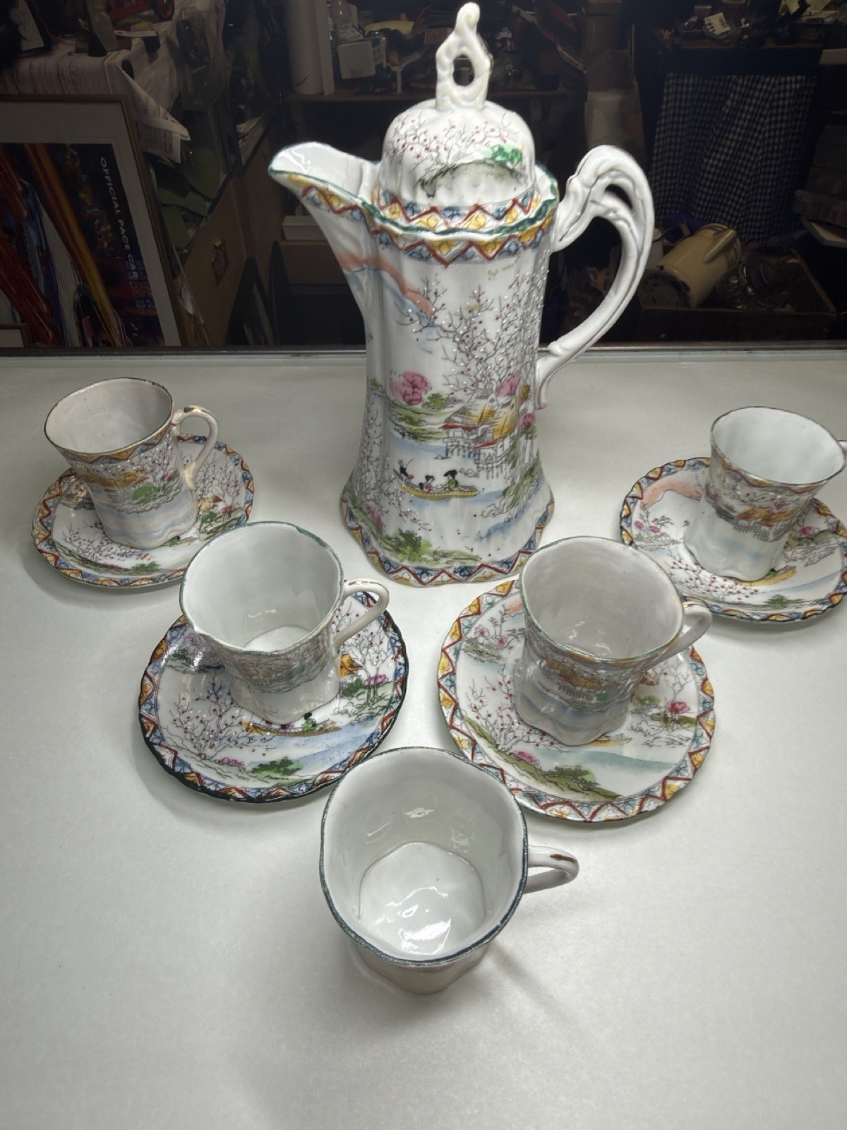 Antique Japanese Nippon Hand Painted Tea / Chocolate Pot 5 Cups 4 Saucers