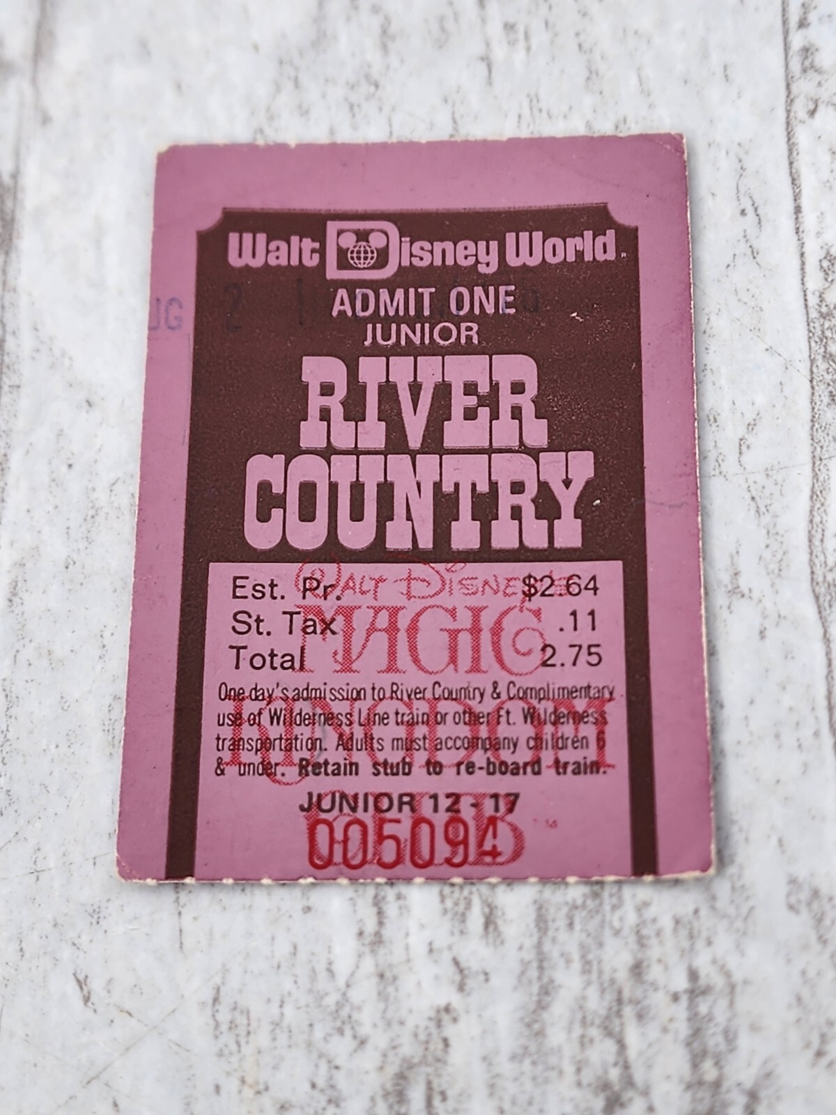 Rare Vintage DISNEY WORLD RIVER COUNTRY Junior TICKET 1976