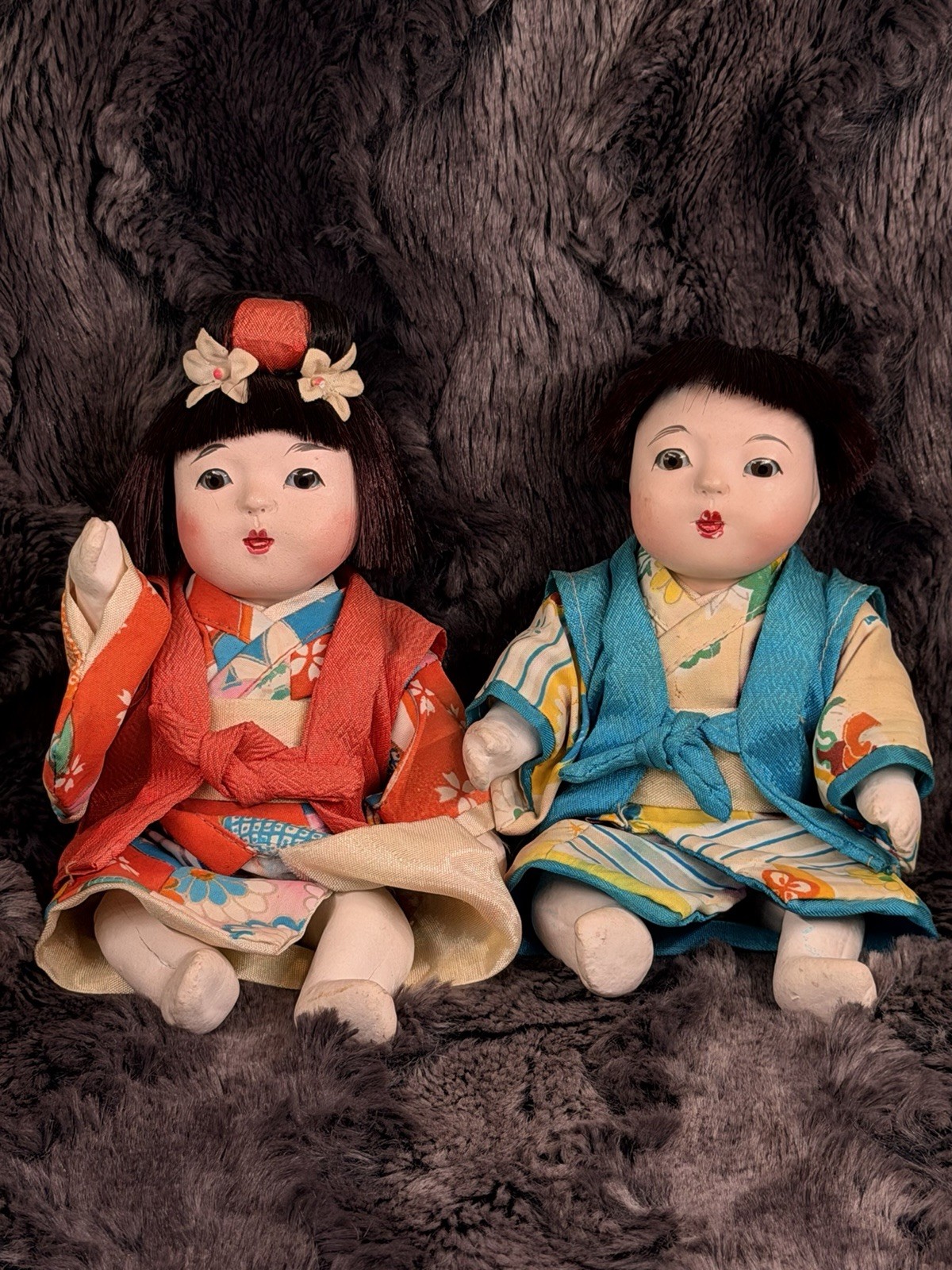 Pair of Vintage Japanese Ichimatsu Gofun Dolls (Ningyo).