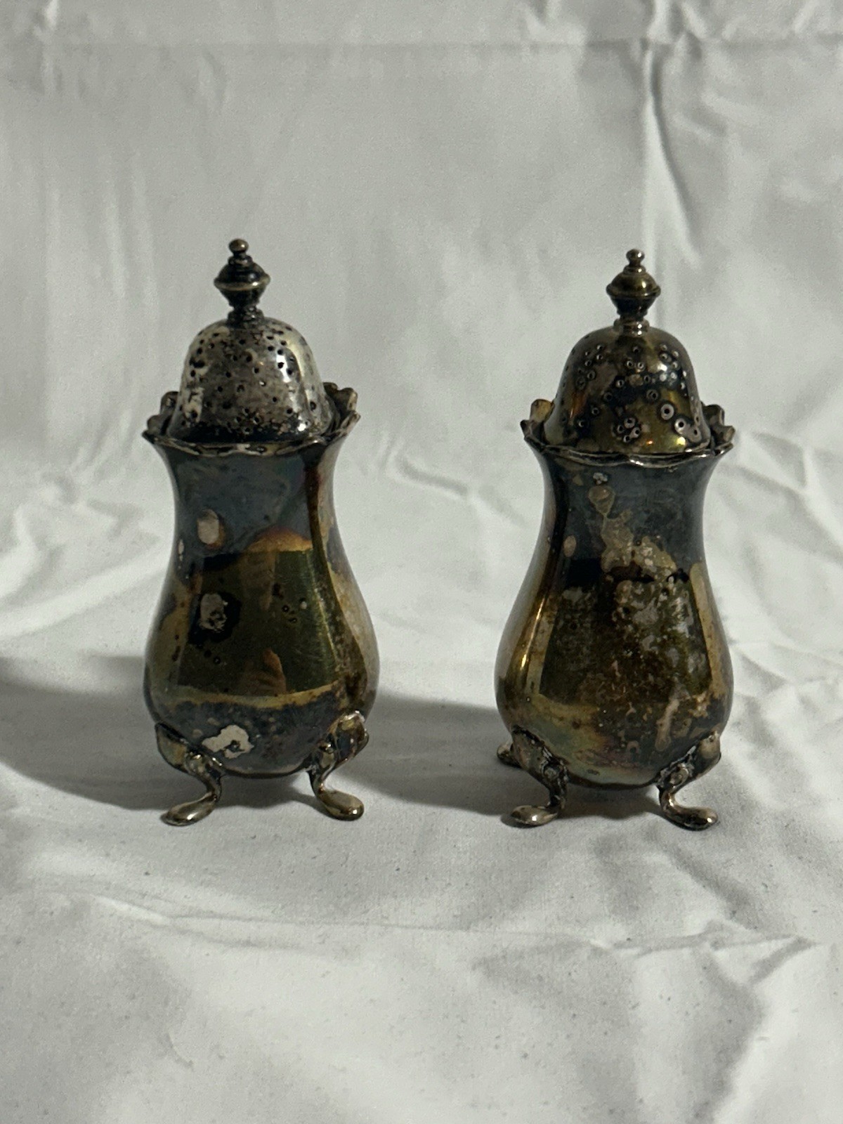 Vintage English Silver Plate Salt Pepper Shakers Footed Pair Made in England