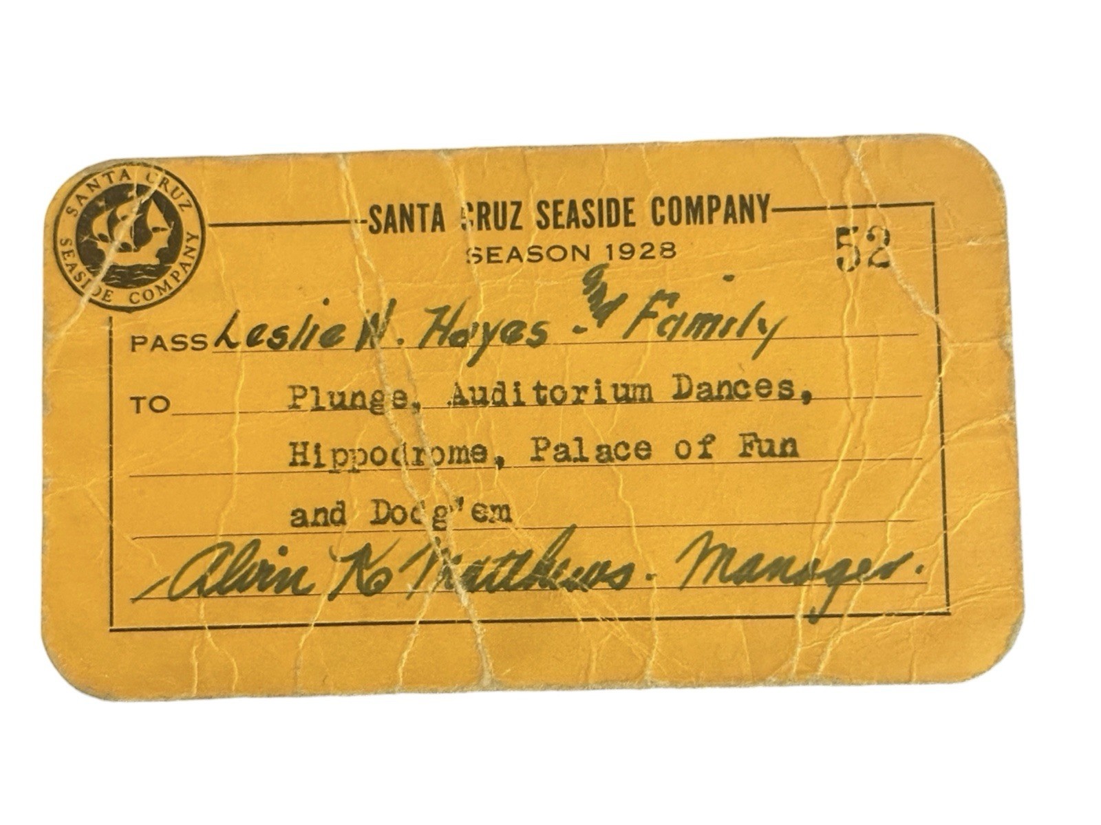1928 Santa Cruz Seaside Company Boardwalk Season pass Palace of Fun house CA