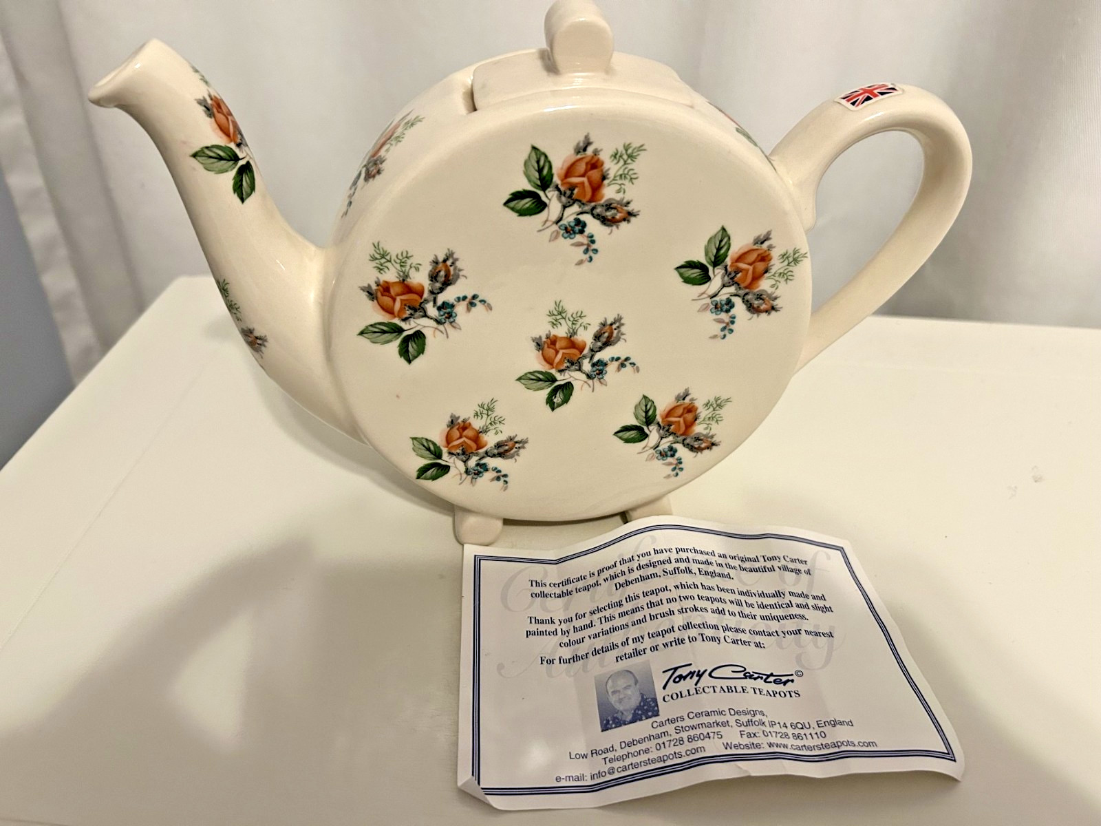 Vintage Tony Carter Teapot | English Rose Floral Flat Circular Made in England