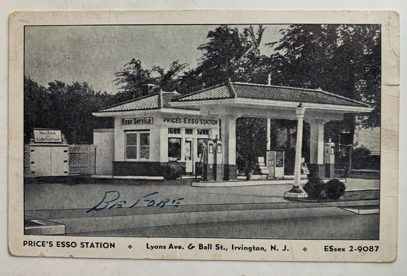 c1940s NJ Postcard Irvington New Jersey Price\'s Esso Station Gas Lyons Ave Essex