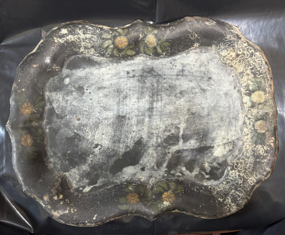 Antique Victorian Toleware Tray Scalloped Chippendale Hand Painted As-Is 