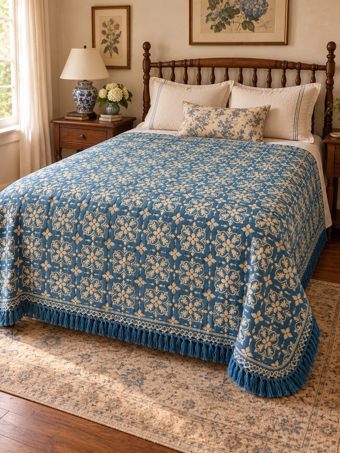 VTG Bates Mill 102x90 Blue Ivory Woven Bedspread Floral Fringe French Country