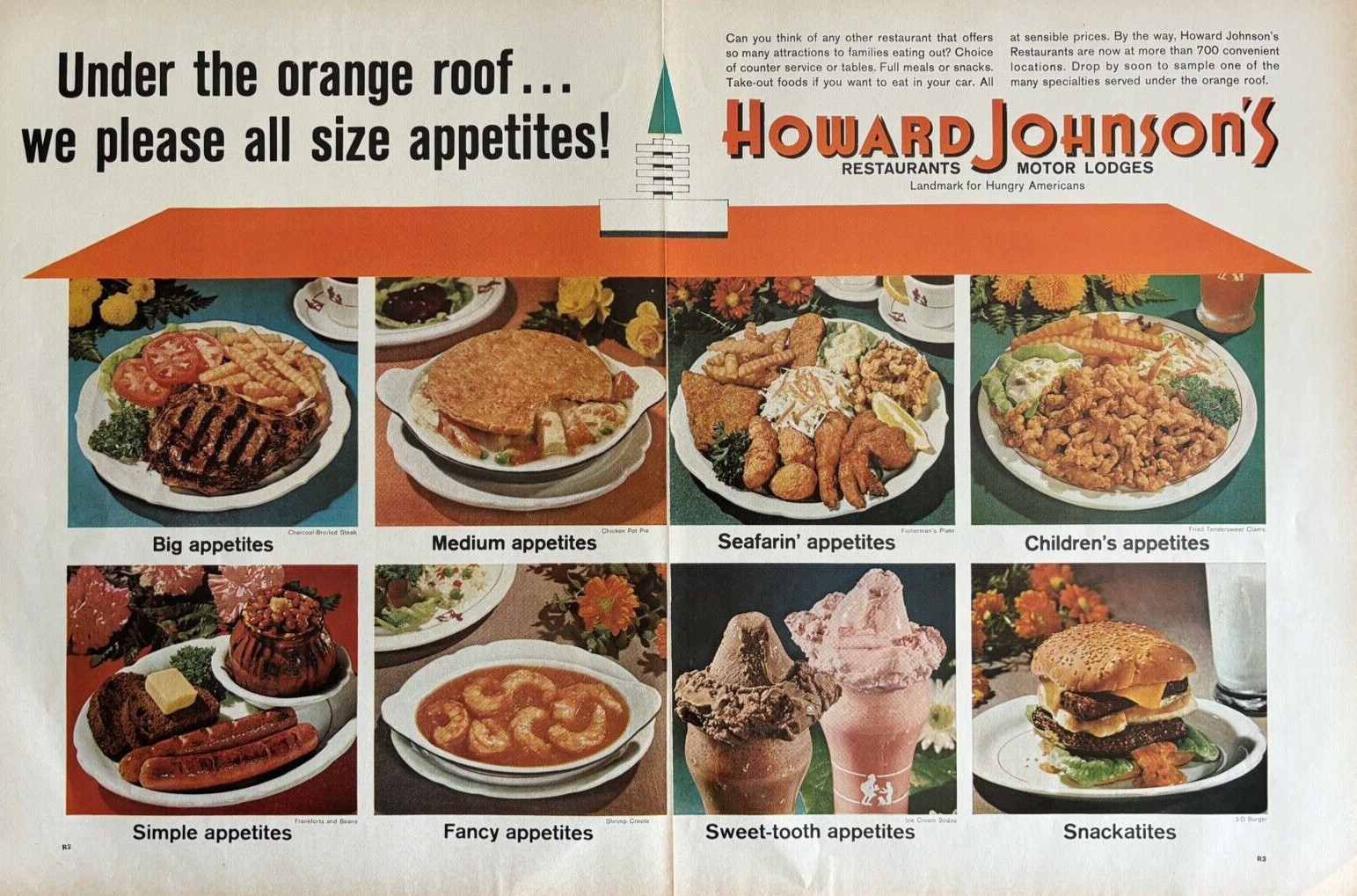 1965 Howard Johnsons Restaurants Motor Lodges Orange Roof 2 Page VTG Print Ad