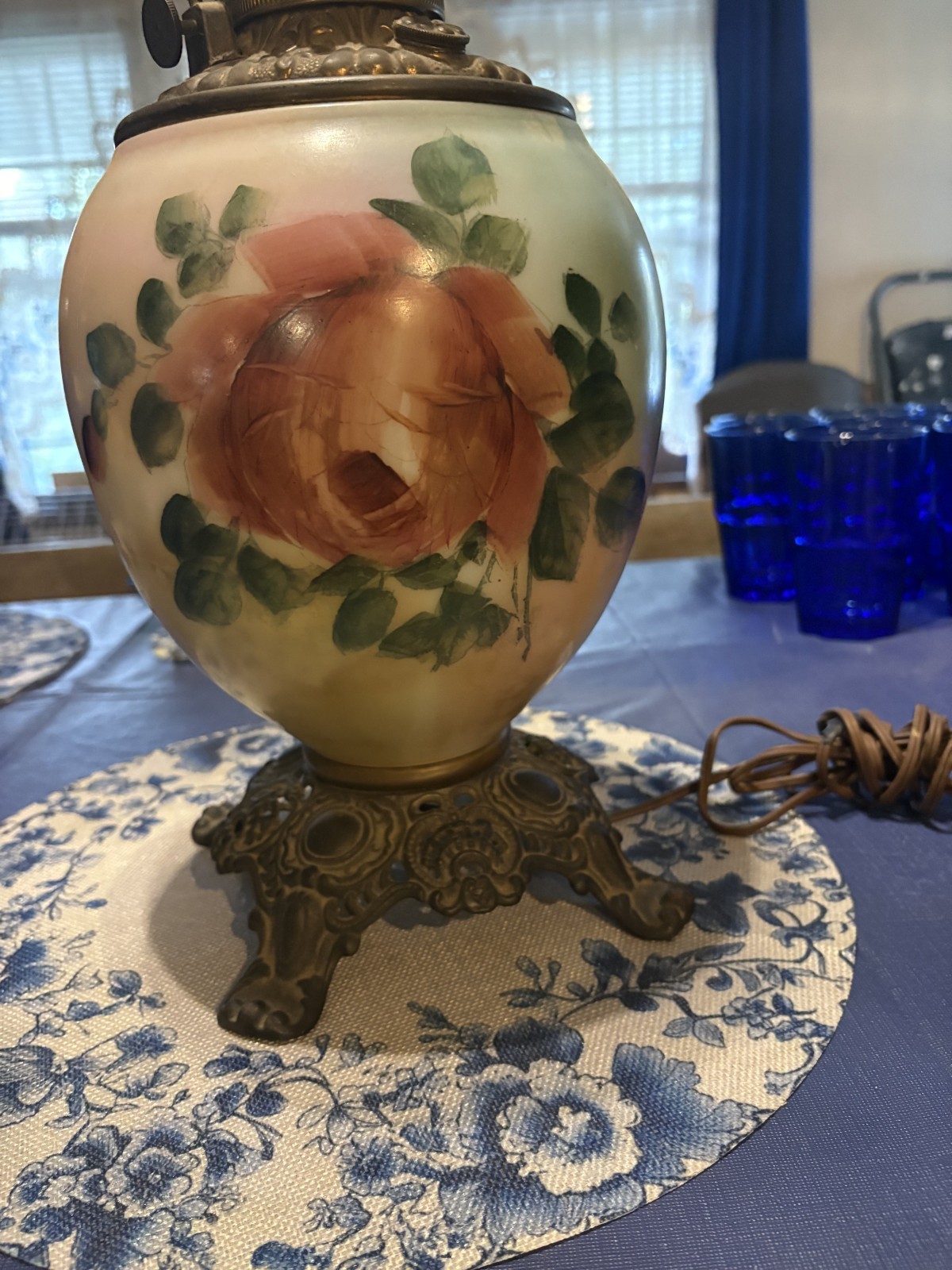 Antique Hand Painted  With The Wind Oil Lamp Base Converted to Electric no shade