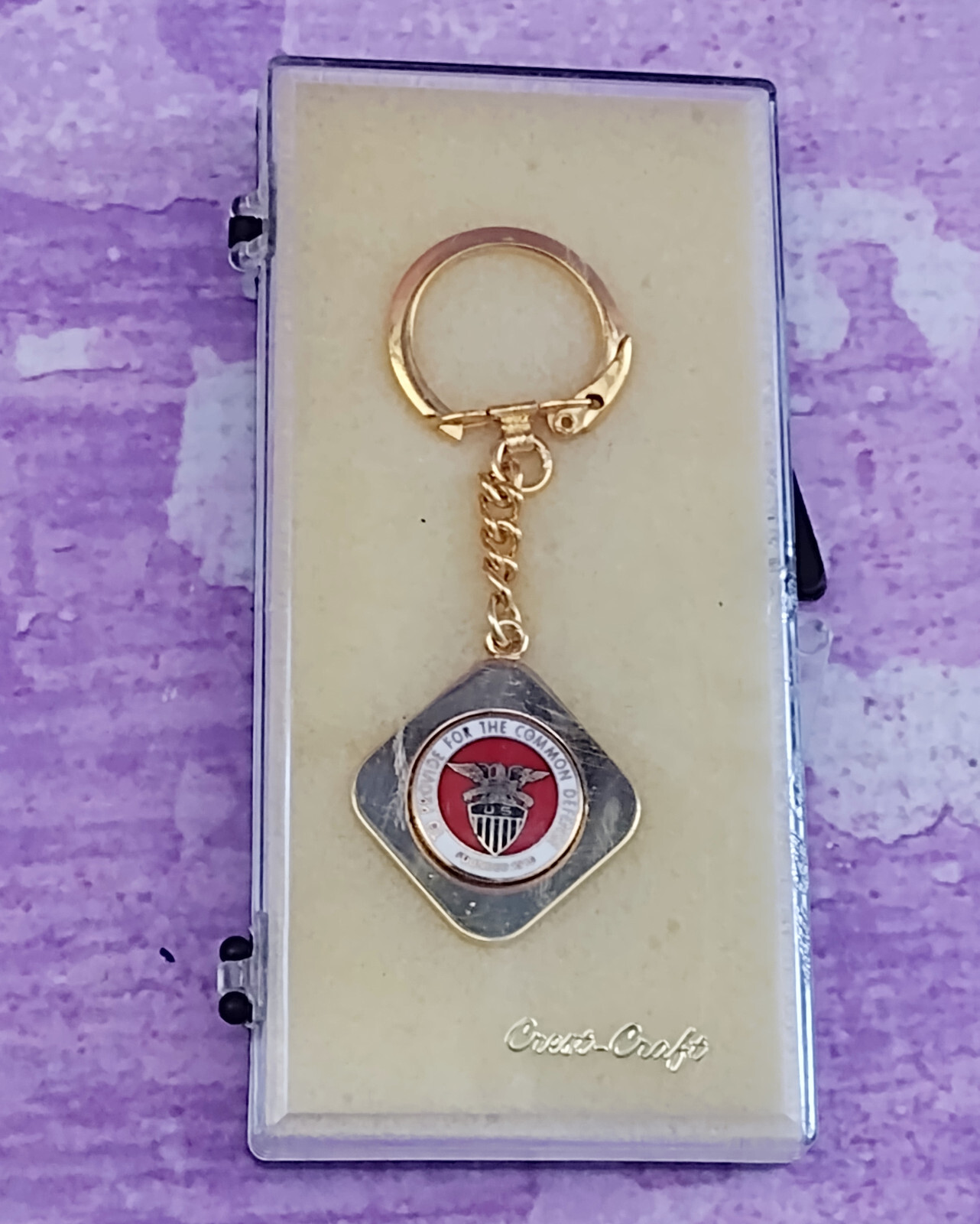Crest Craft Keychain Gold Tone ADPA American Defense Preparedness Eagle Vintage