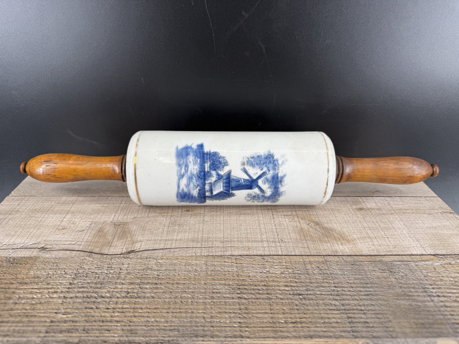 VTG Blue Glass Rolling Pin with Wooden Handles Farmhouse Decor
