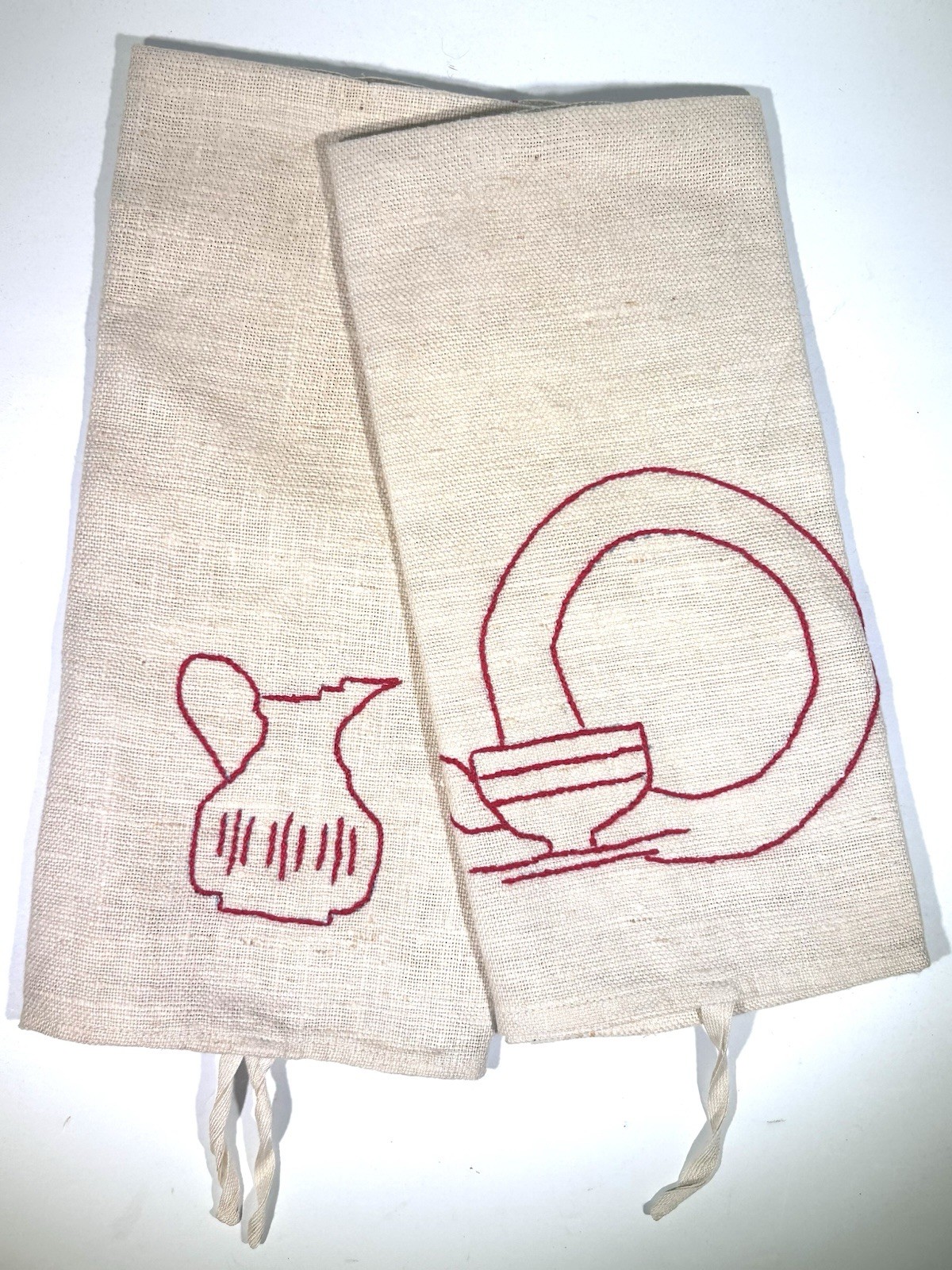 Vtg Hand Embroidered Linen Coffee Themed Tea Towels NEW Cottagecore Farmcore