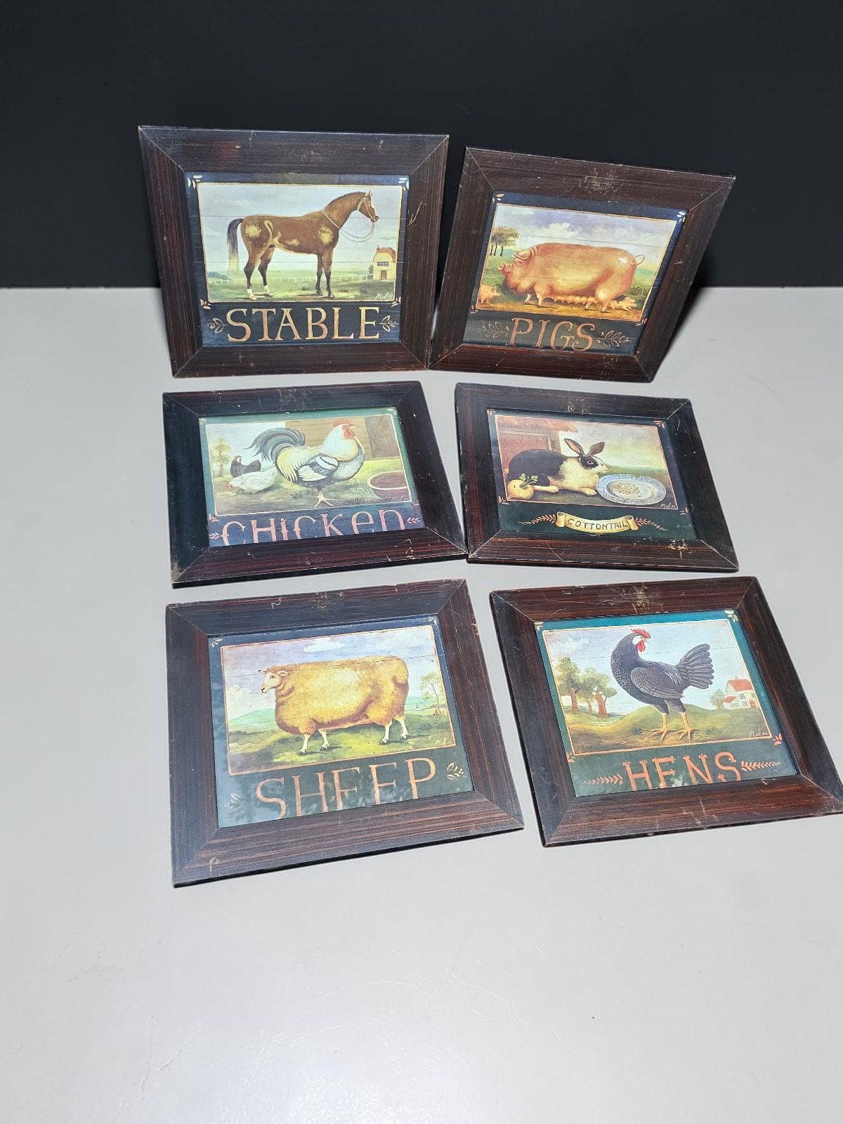 6 Vintage Farmhouse Animal Framed Prints painting canvas Wall Decor Country 1994