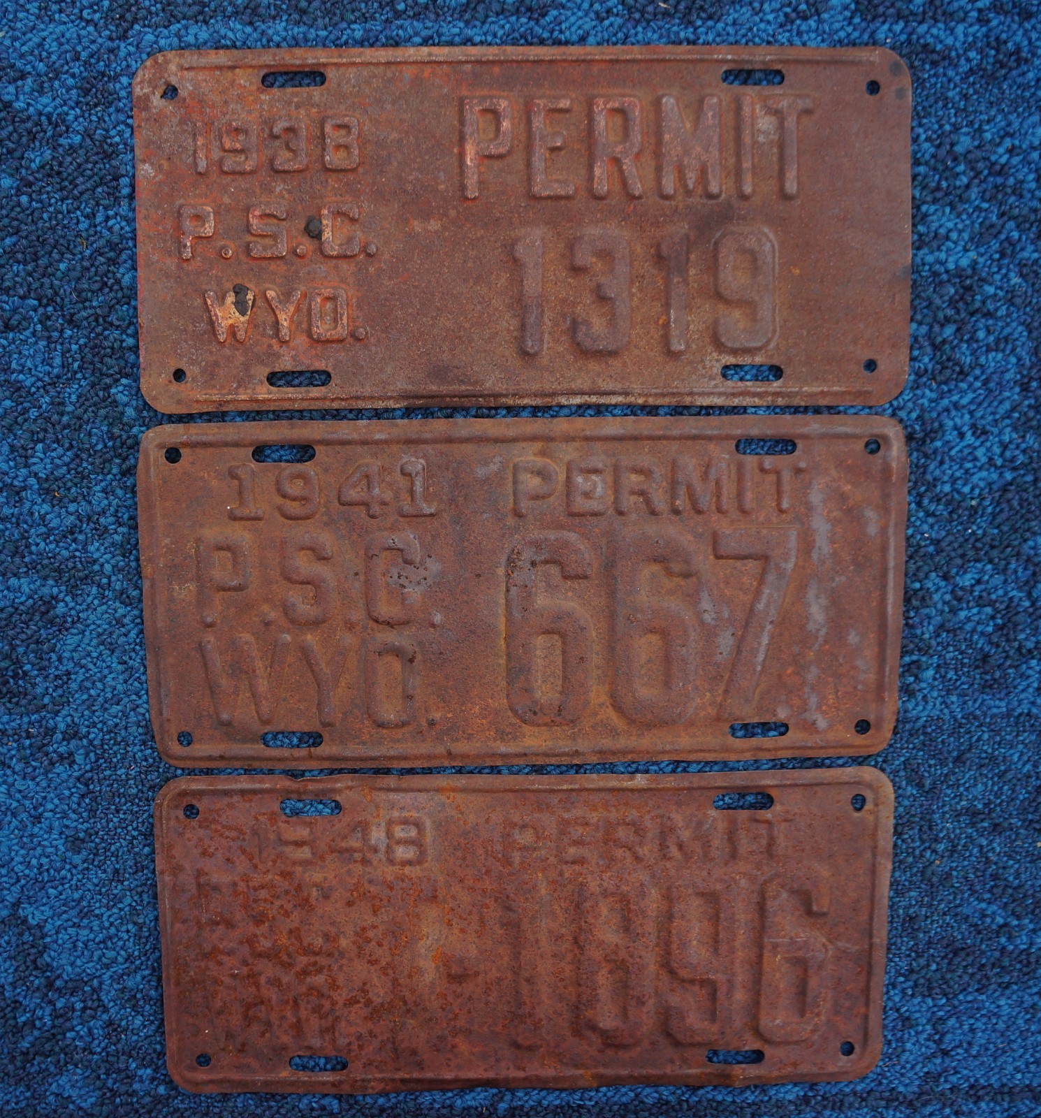1938 1941 1948 Wyoming PSC License Plate LOT OF 3 Plates