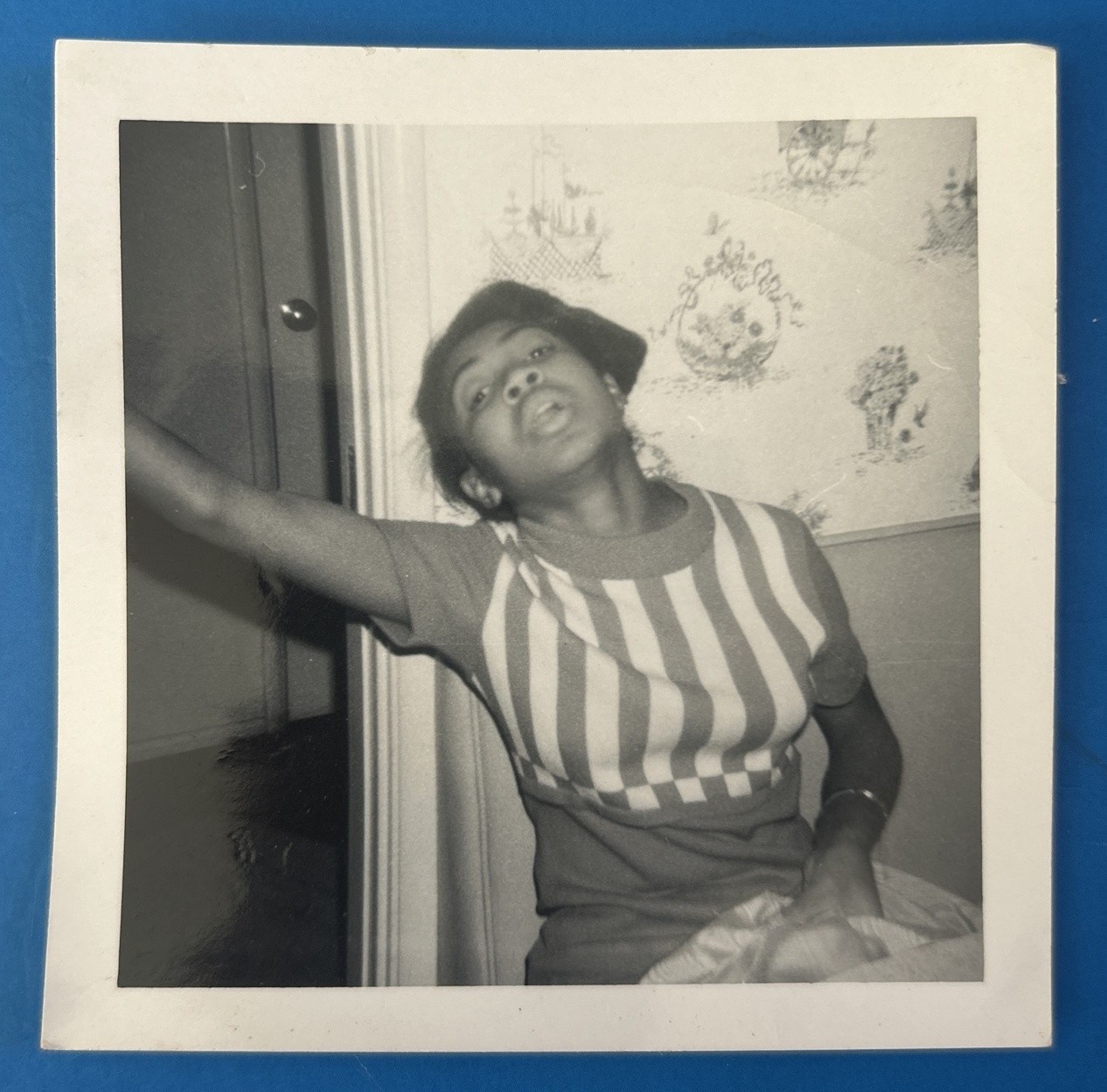 1960s African American Young Woman Striped Shirt B&W Photo Black Americana