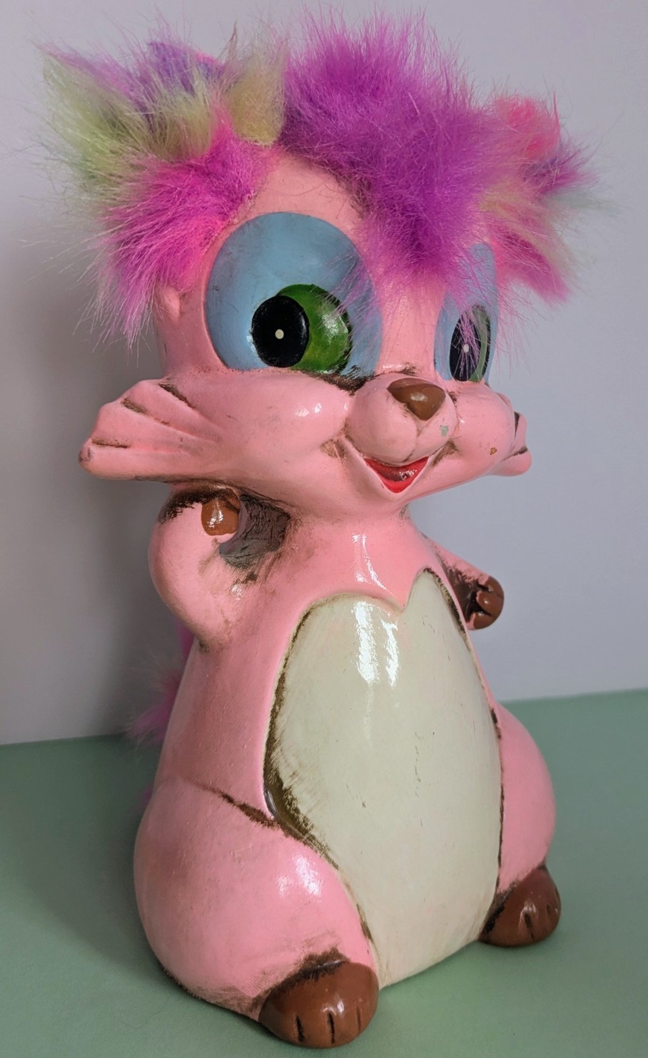 Vintage Kitschy Pink Rainbow Fur Animal Bank 1970\'s Unusual Raccoon Cat Skunk ?
