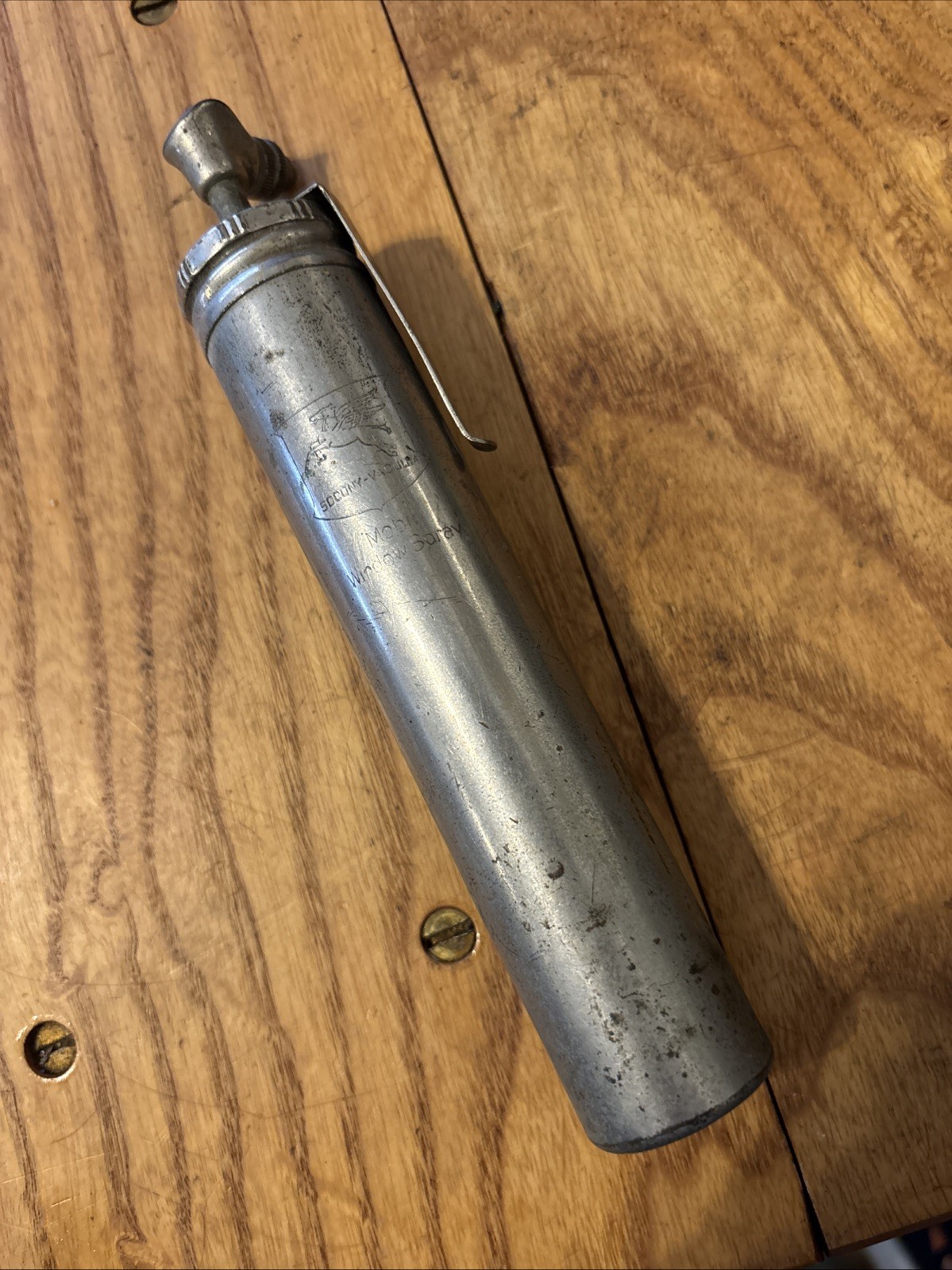 Vintage Socony - Vacuum Mobil Window spray sprayer gas station advertising