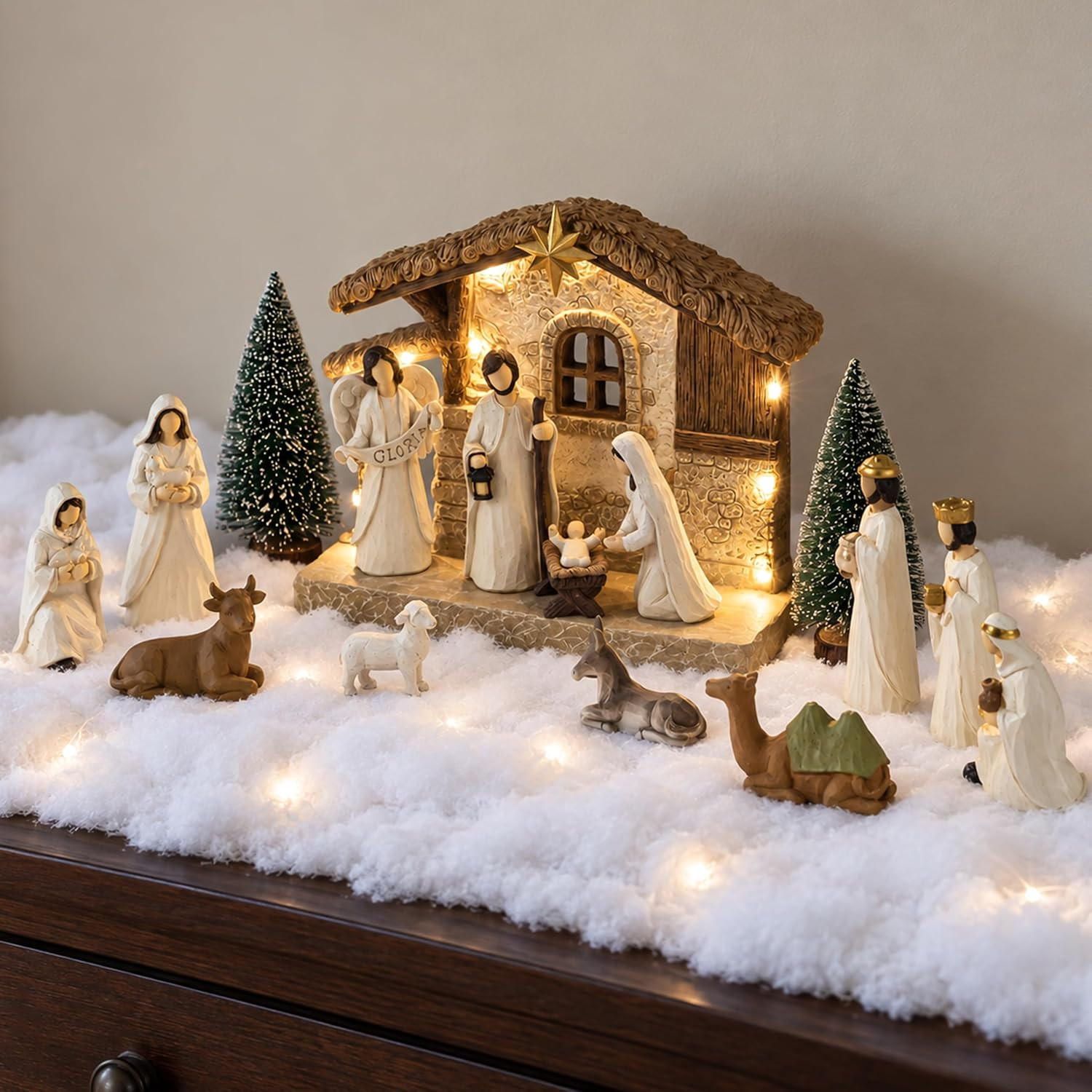 17 Pcs Christmas Nativity Set with Lighted Stable