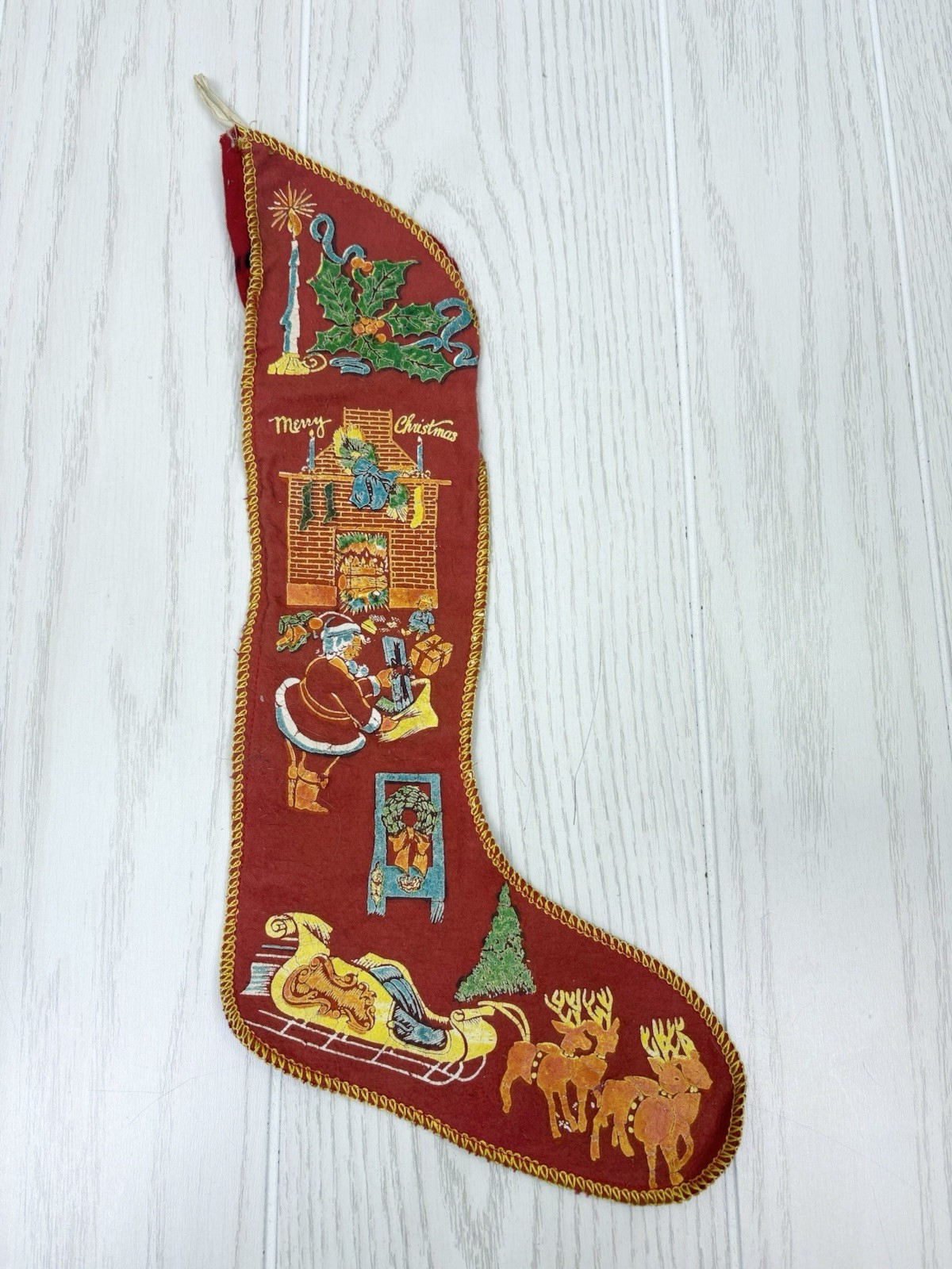 Vintage 1940s- 50s  Red Flannel Christmas Stocking toys, tree Santa Sleigh