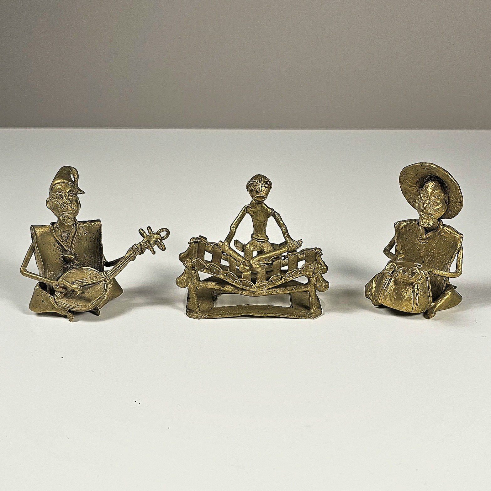 Vintage West African Brass Musician Figurines Set of 3 Lost Wax Tribal Band