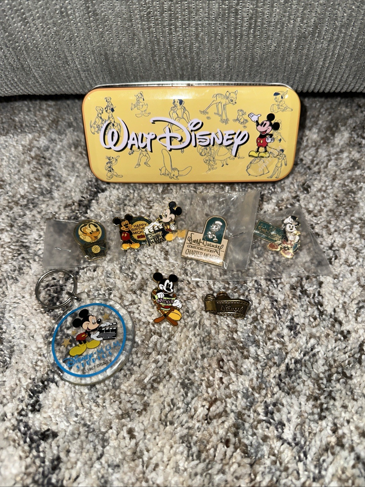 Lot Of 7 Disney Pins 1 Keychain And 1 Small Store Tin 